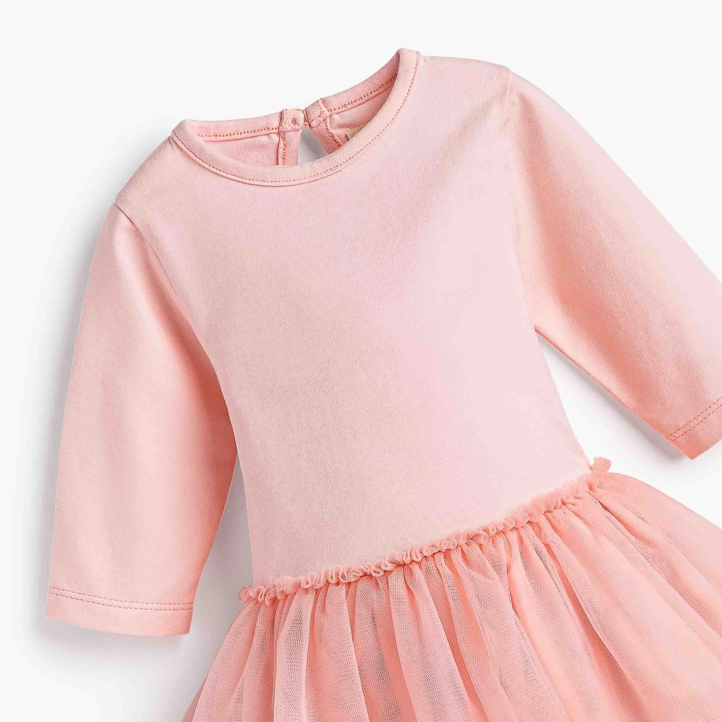 Light pink long-sleeve dress with a tulle skirt and a small button at the back of the neckline.