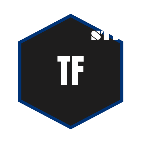 Hexagonal badge with a dark background, blue border, and the letters "TF" in the center. Part of the text "STF" is visible in the top right corner.
