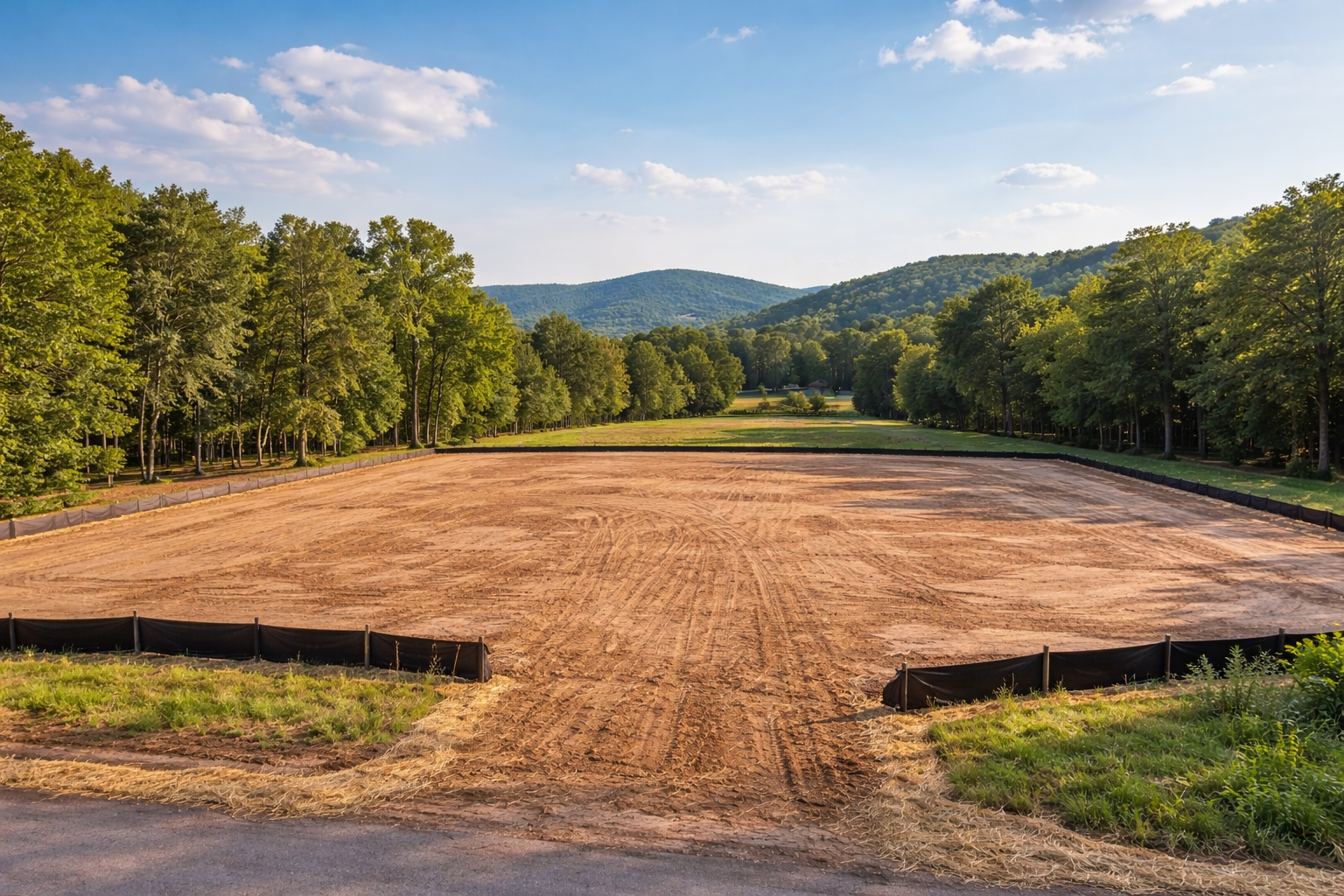 Área de campo de golf en construcción con tierra nivelada, rodeada de árboles verdes y colinas en el fondo, cielo despejado con algunas nubes.