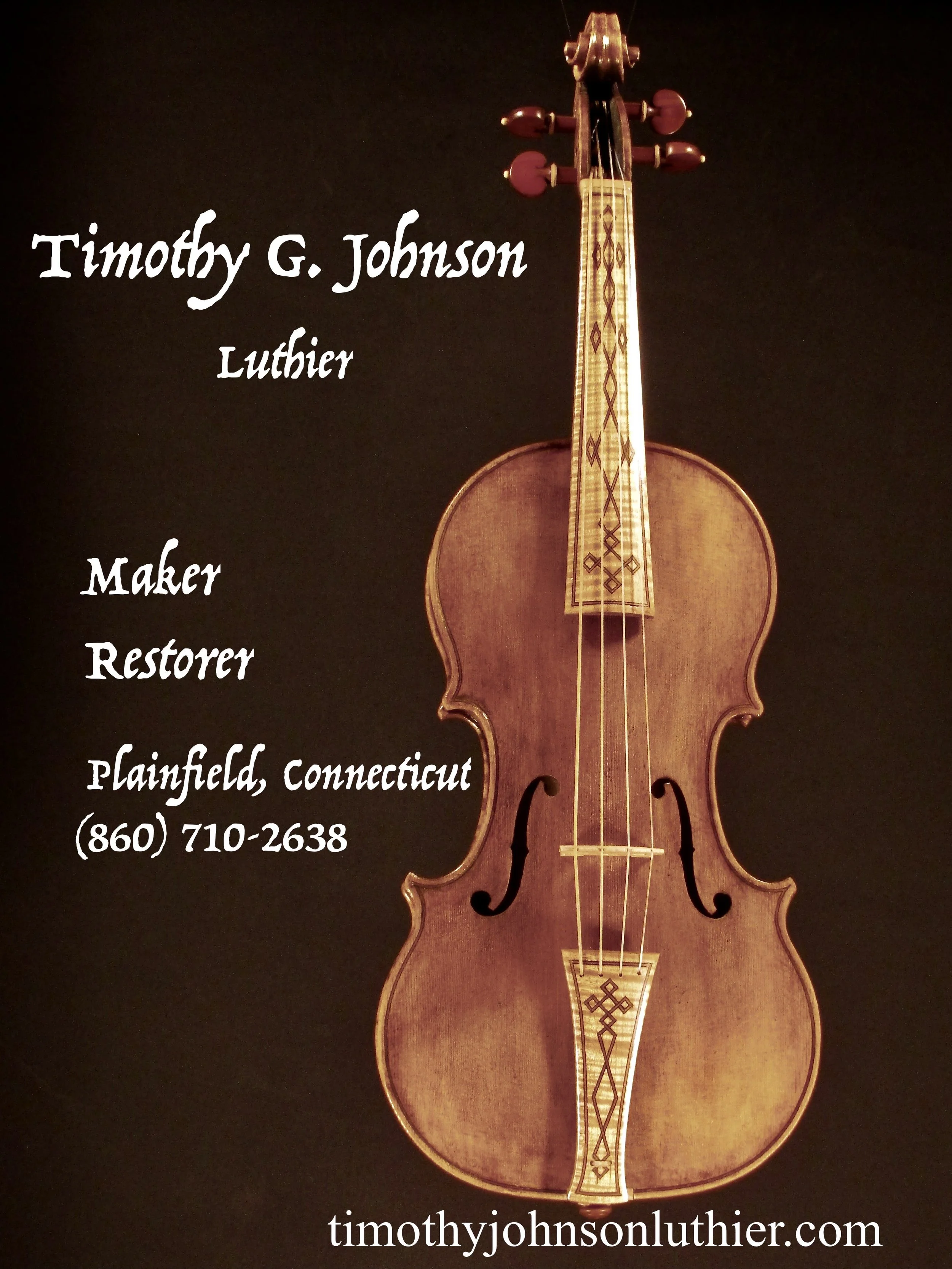 Maker's name in white text on a black background, with a violin