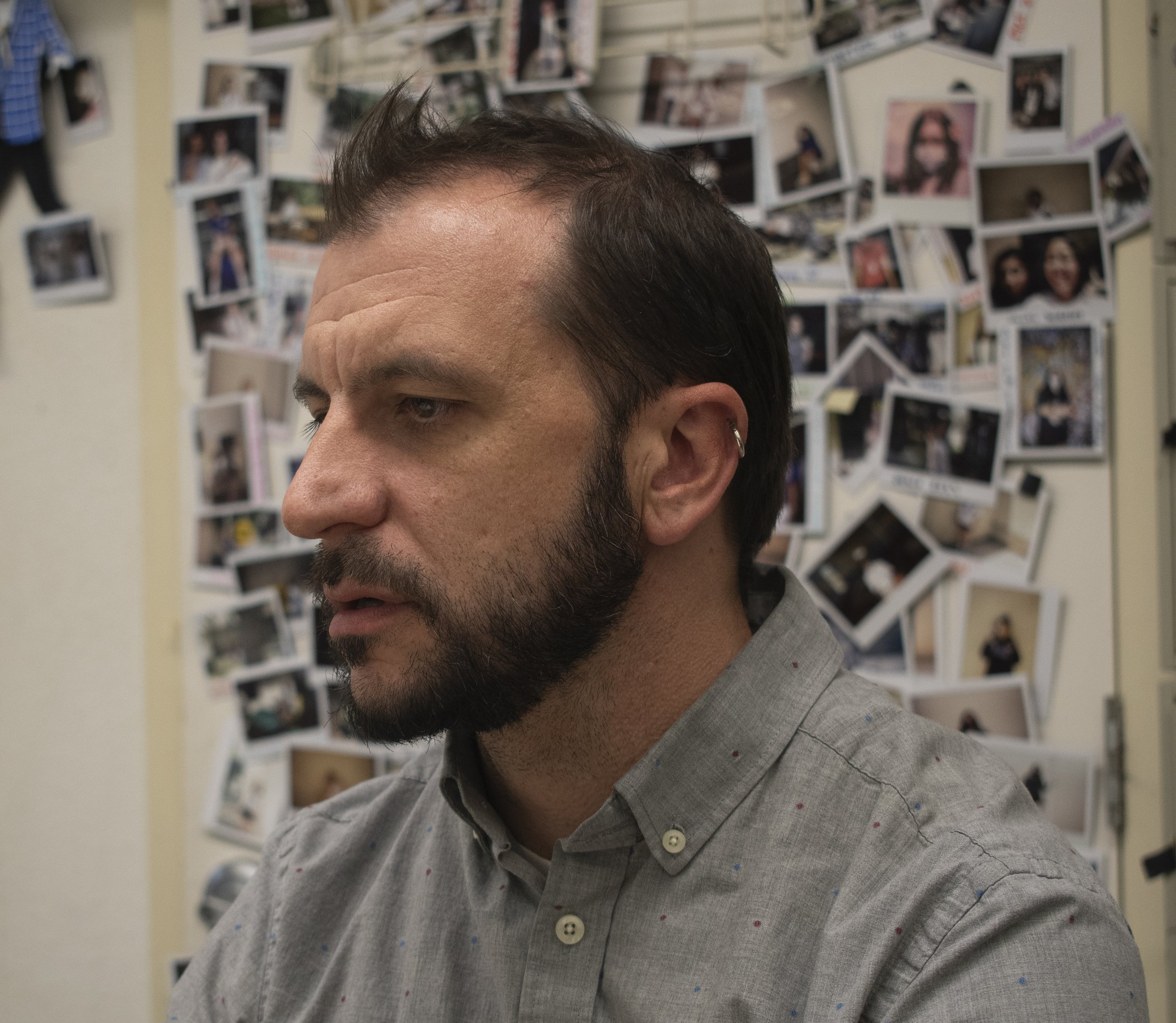 Mr. Petersen continues his seventh year at Saint Mary's Hall and he likes to take polaroids of his students on their first and last days of class to commemorate their time in his class. His room is overflowing with these photos.