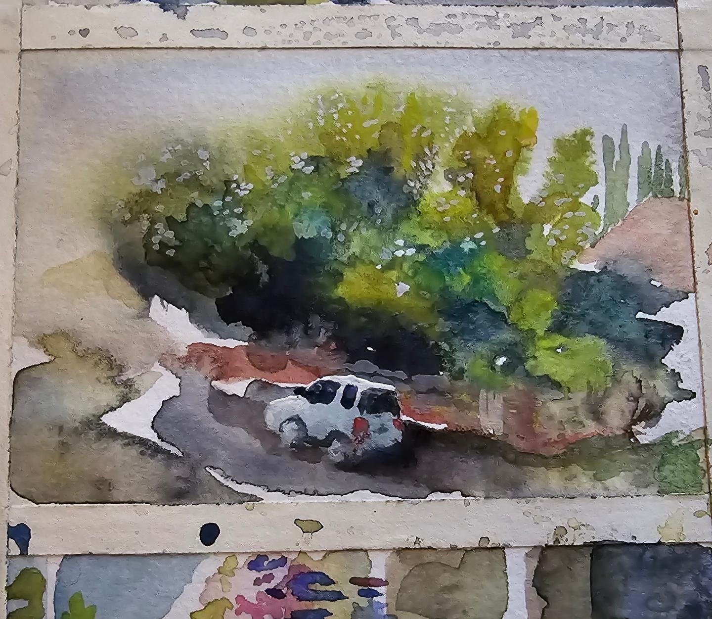 Wet-into-wet on this wet day. Broke out my tiny travel brush to get the tiny car details. The angle I painted from is slightly different from the photo due to wanting to be dry while I painted. #pleinairpril @warriorpainters #sketchbook