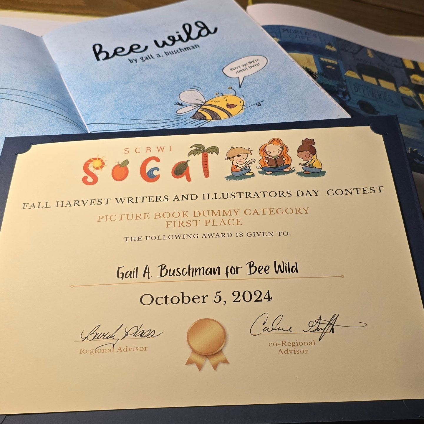 Had a great, info-packed day at Fall Harvest Writers and Illustrators Day from @scbwi_socal and won the picture book dummy contest with my little bees! 😍🐝 #kidlitillustration #childrensbooks
