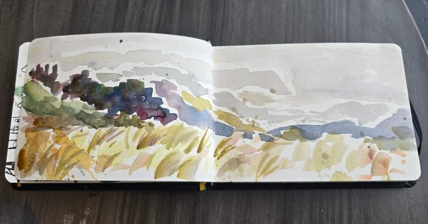 I had to sneak in a little plein air painting of a beautiful view on a blustery day. #pleinairpril #sketchbook #watercolors