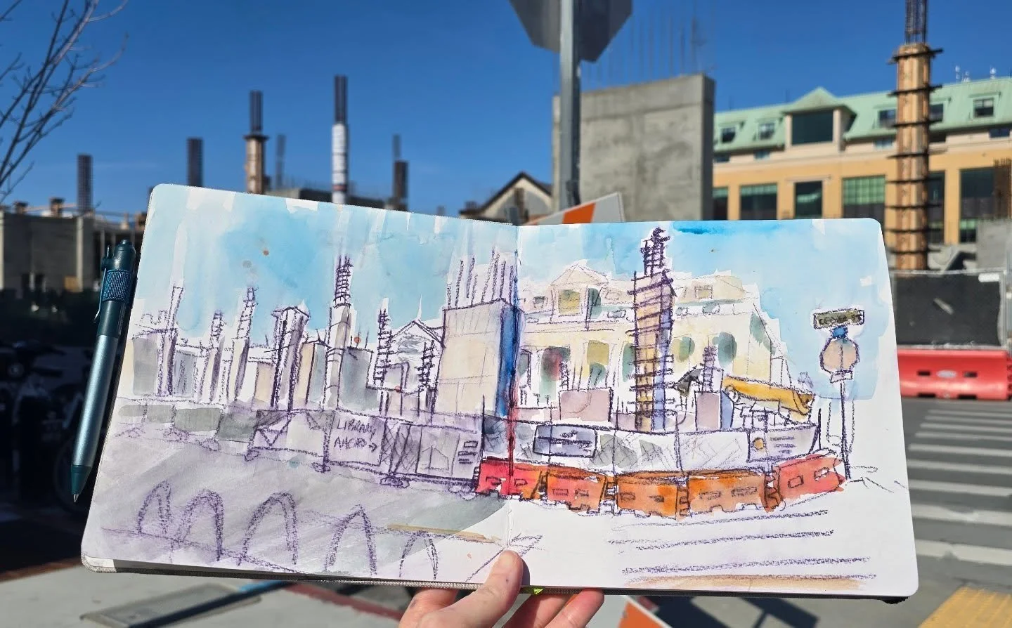 catch-up plein air. pastel pencil and watercolor. #pleinairpril #watercolors #sketchbook