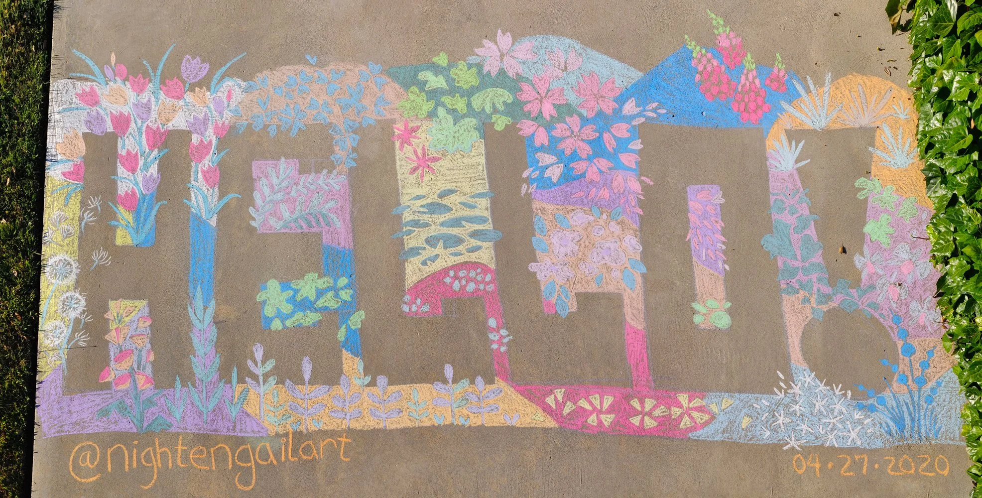 Overhead view of Hello mural