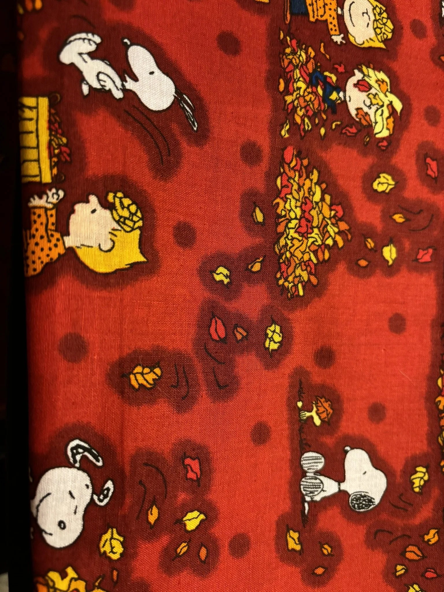 Peanuts Characters Raking Leaves on Red Cotton