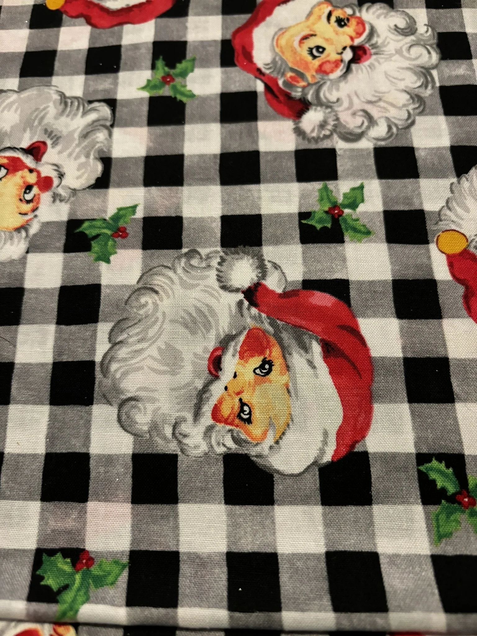 RETRO Santa on Black Checked Cotton