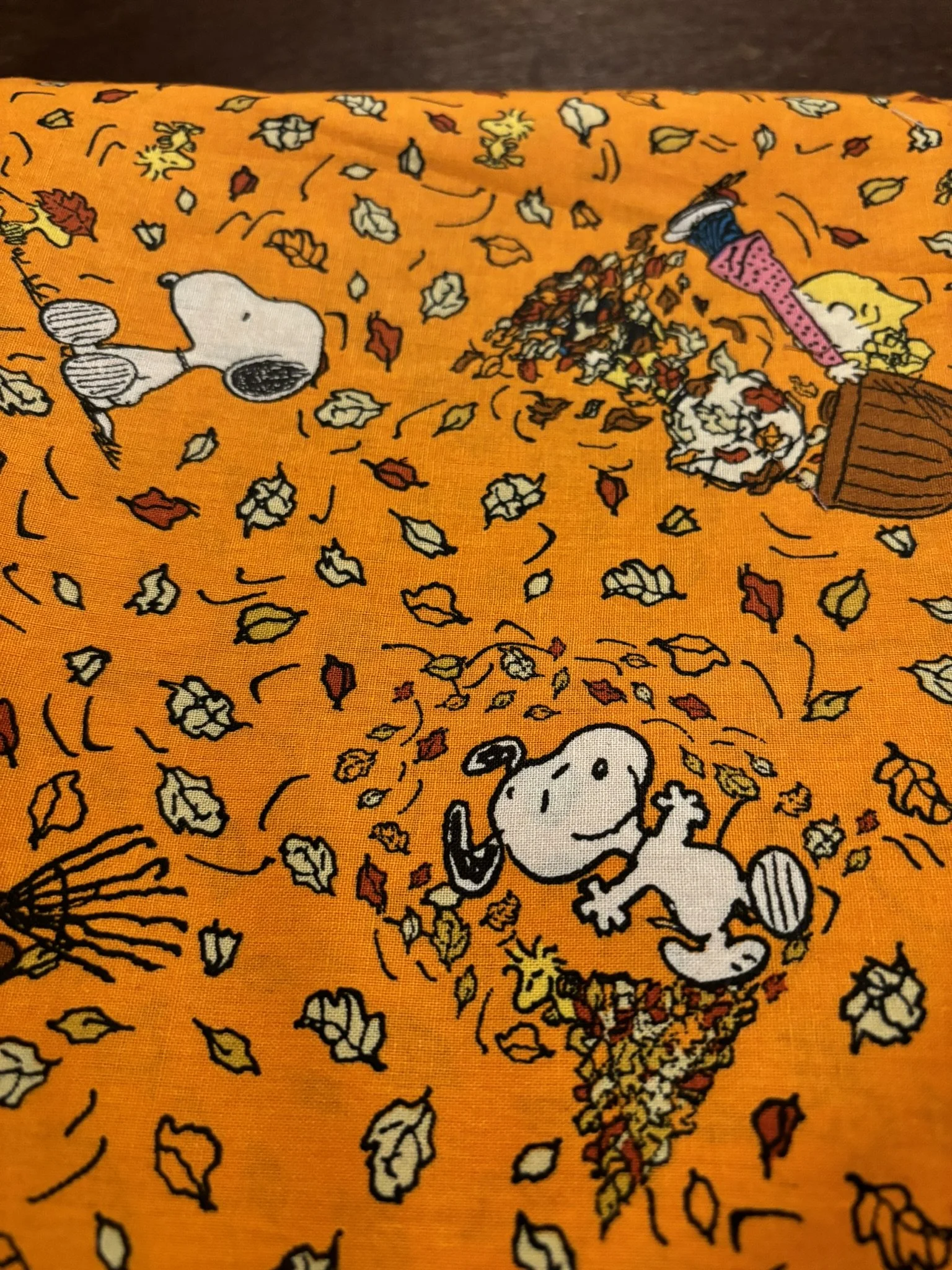 Peanuts Characters Raking Leaves on Orange Cotton