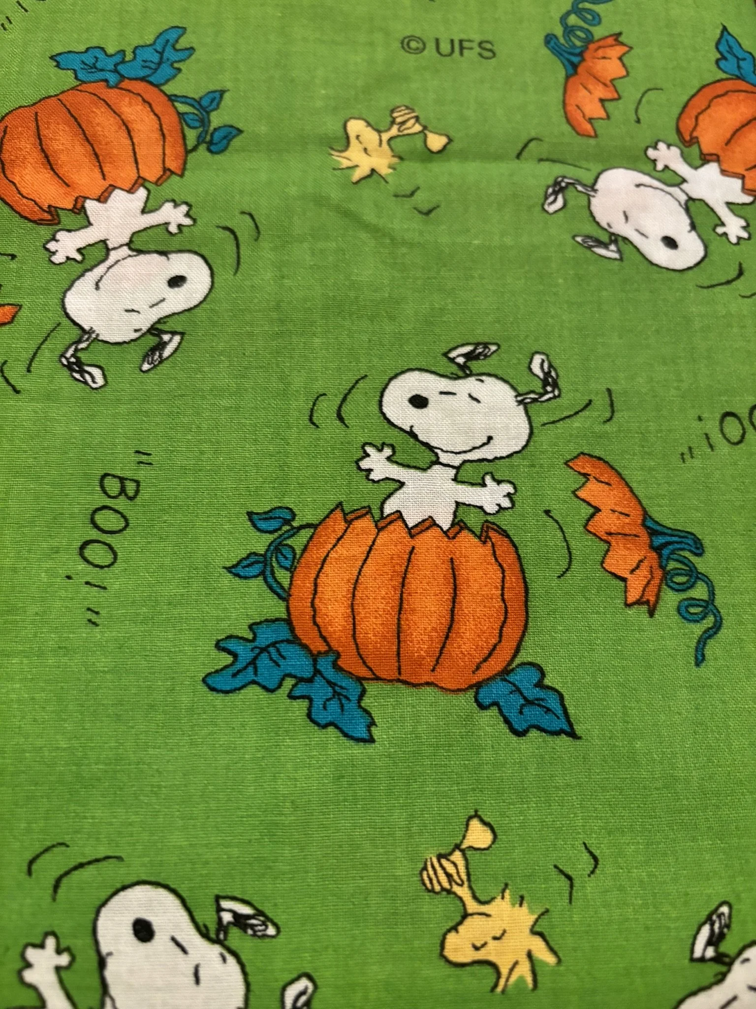 Snoopy and Pumpkins on Green Cotton
