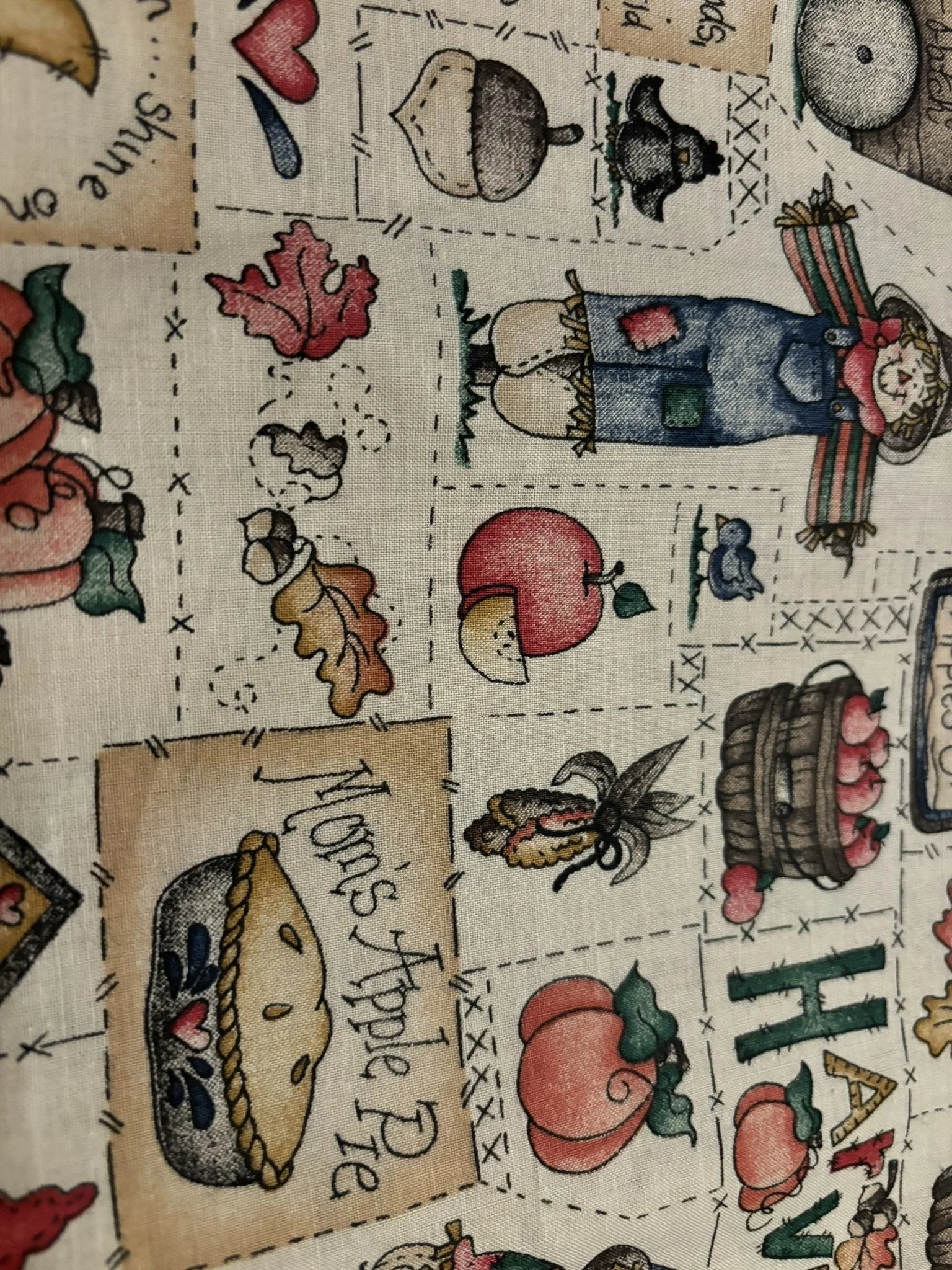 Autumn Scarecrows, Pumpkins on Tan Cotton