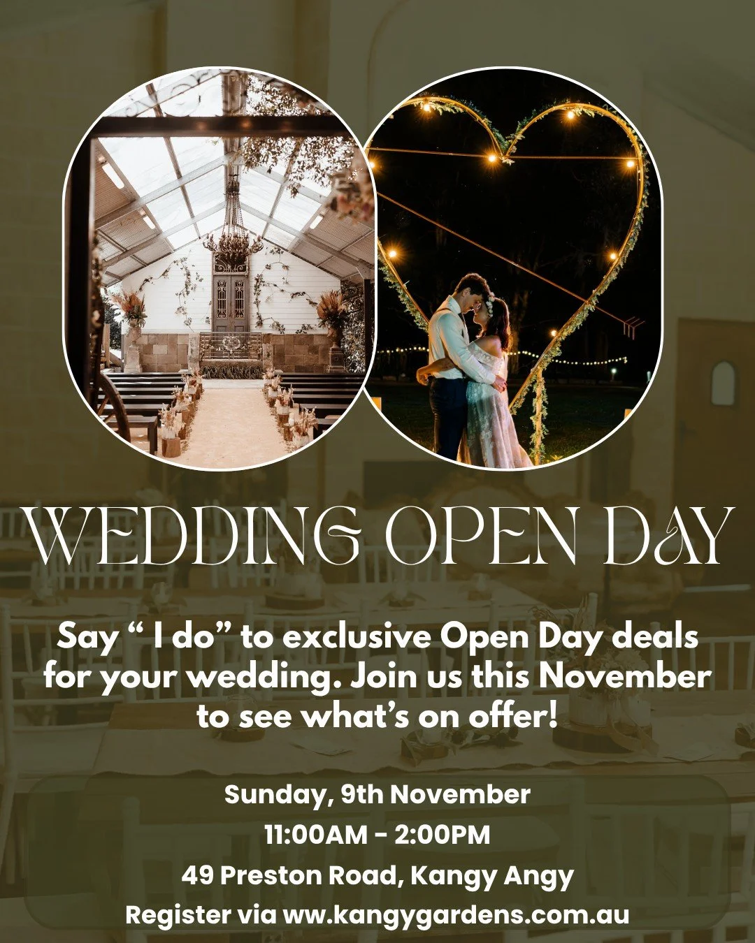 Kangy Gardens is opening the gates and inviting you to tour our venue! 
Plan your dream day in one place and have the chance to meet with wedding vendors, speak with our friendly staff and grab exclusive one-day offers. 
Date: November 9th, 2025
Ti