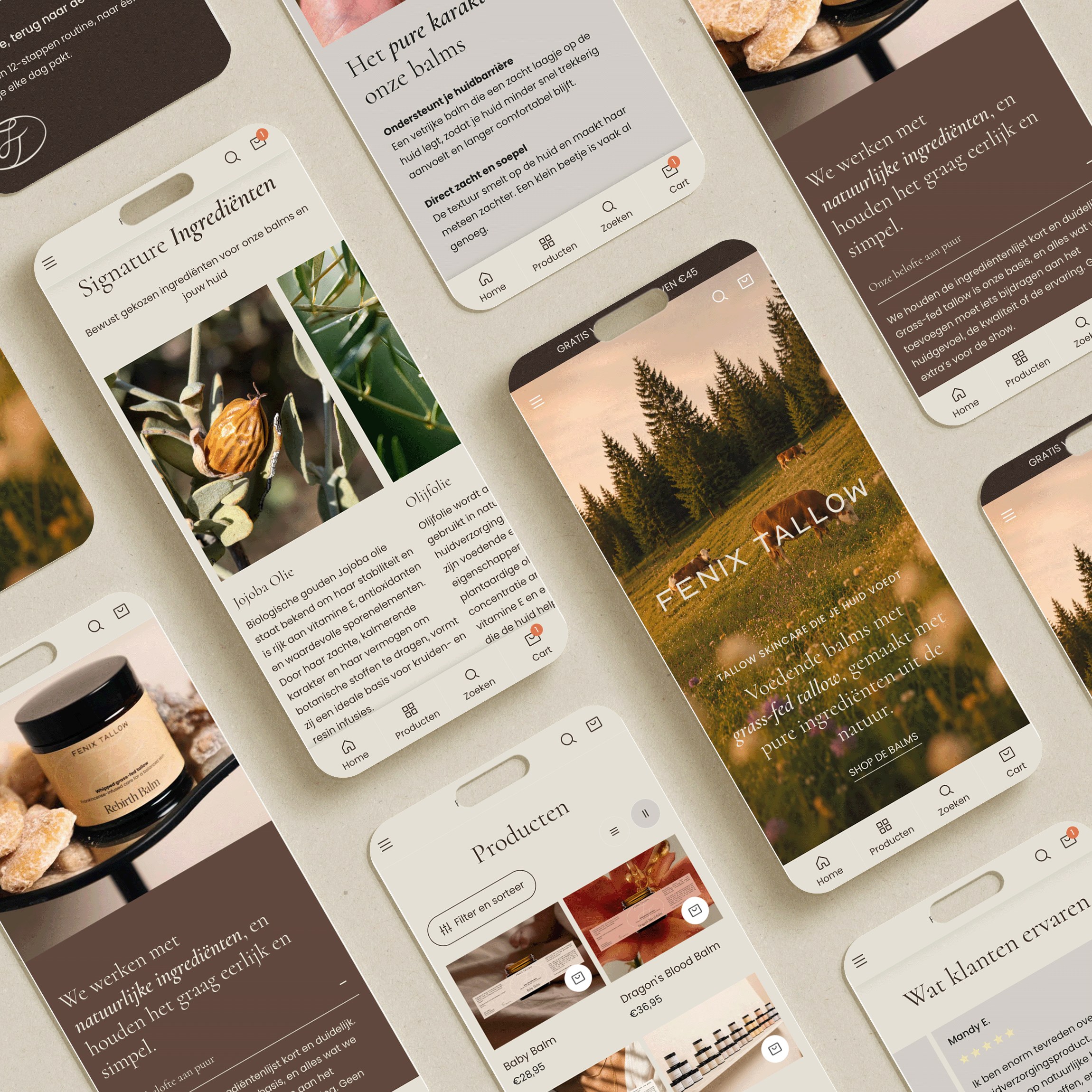 Verschillende mobiele telefoons met websites over natuurlijke huidverzorging en ingrediënten, met een beige achtergrond.