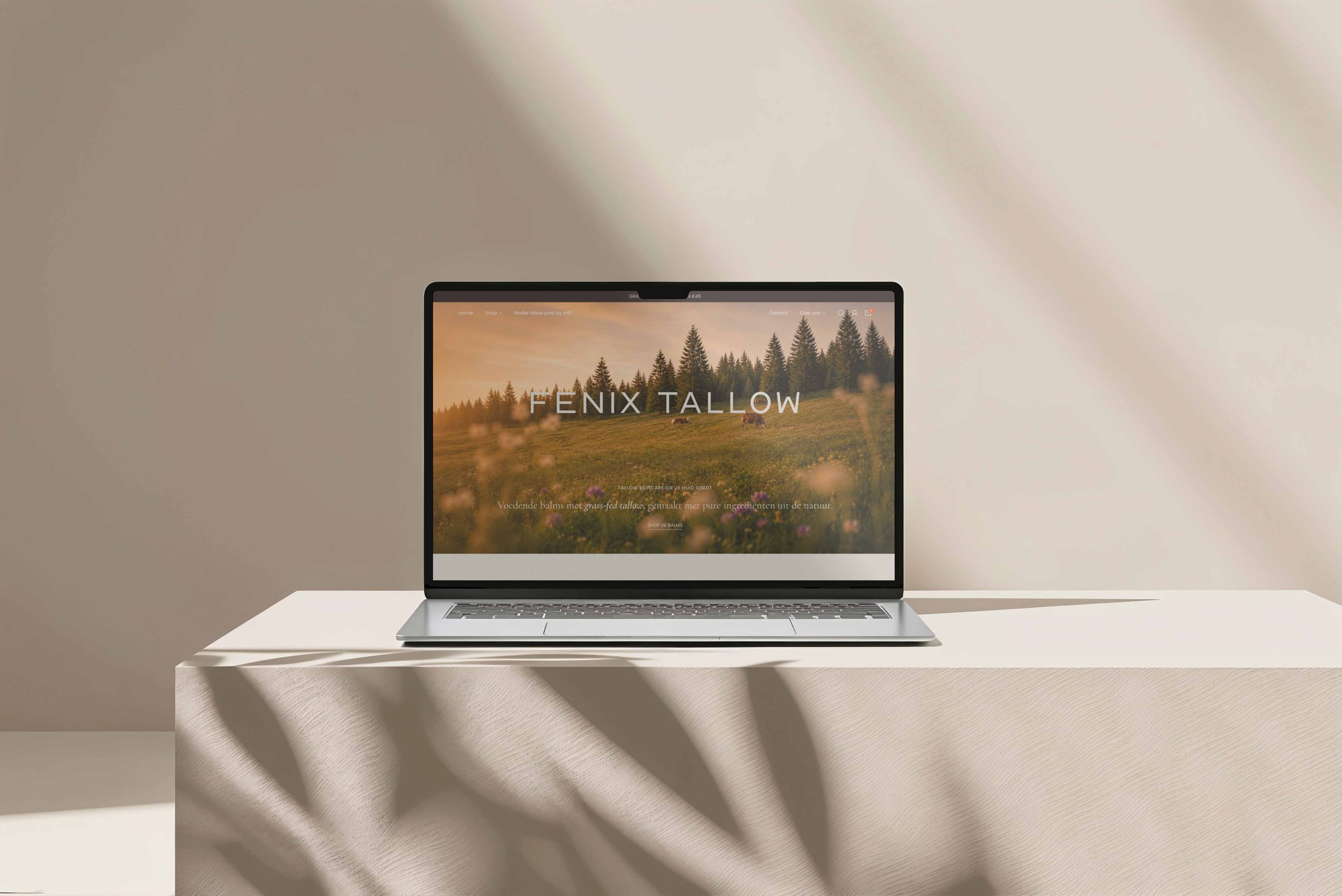 Een laptop op een witte tafel met een website over Fenix Tallow, een verzorgingsproduct met natuurlijke ingrediënten, zichtbaar op het scherm.