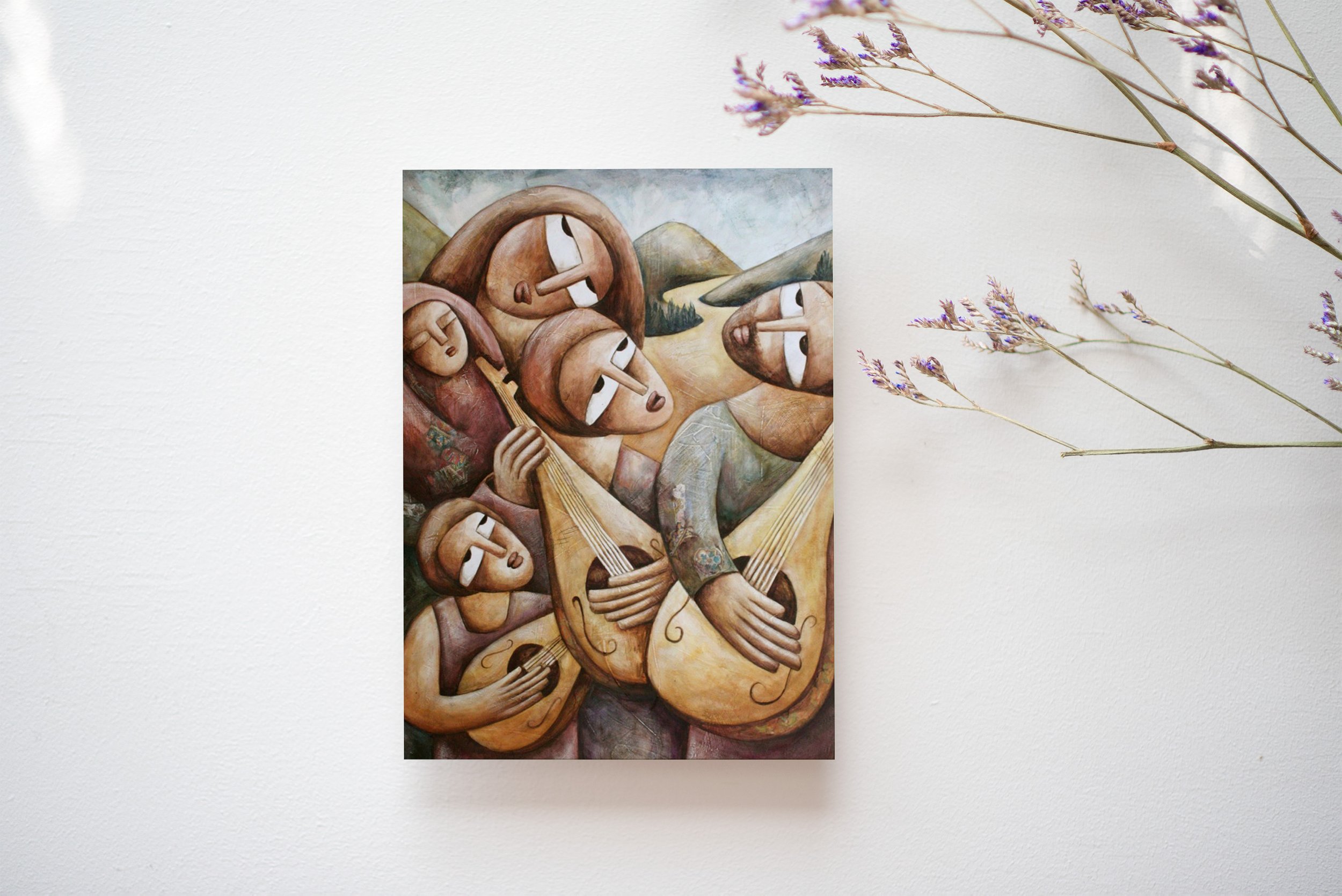 Oil painting of family worshipping with instruments by Australian Christian artist, Kaye Redman.