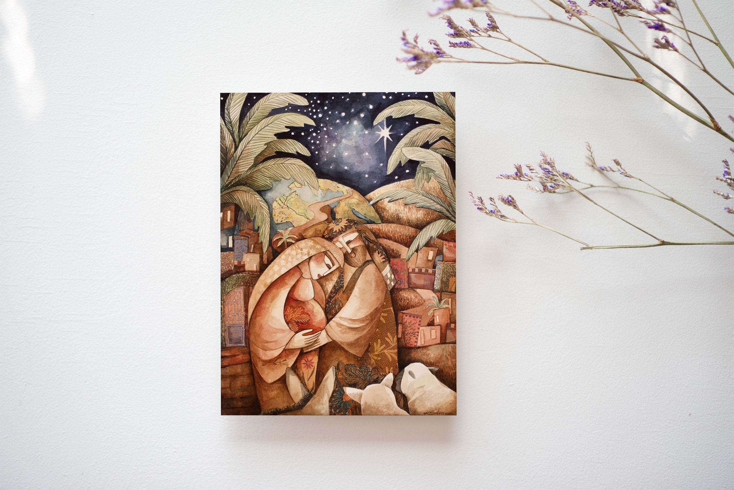 Watercolour nativity painting of pregnant Mary and Joseph with animals by Christian Australian artist, Kaye Redman.
