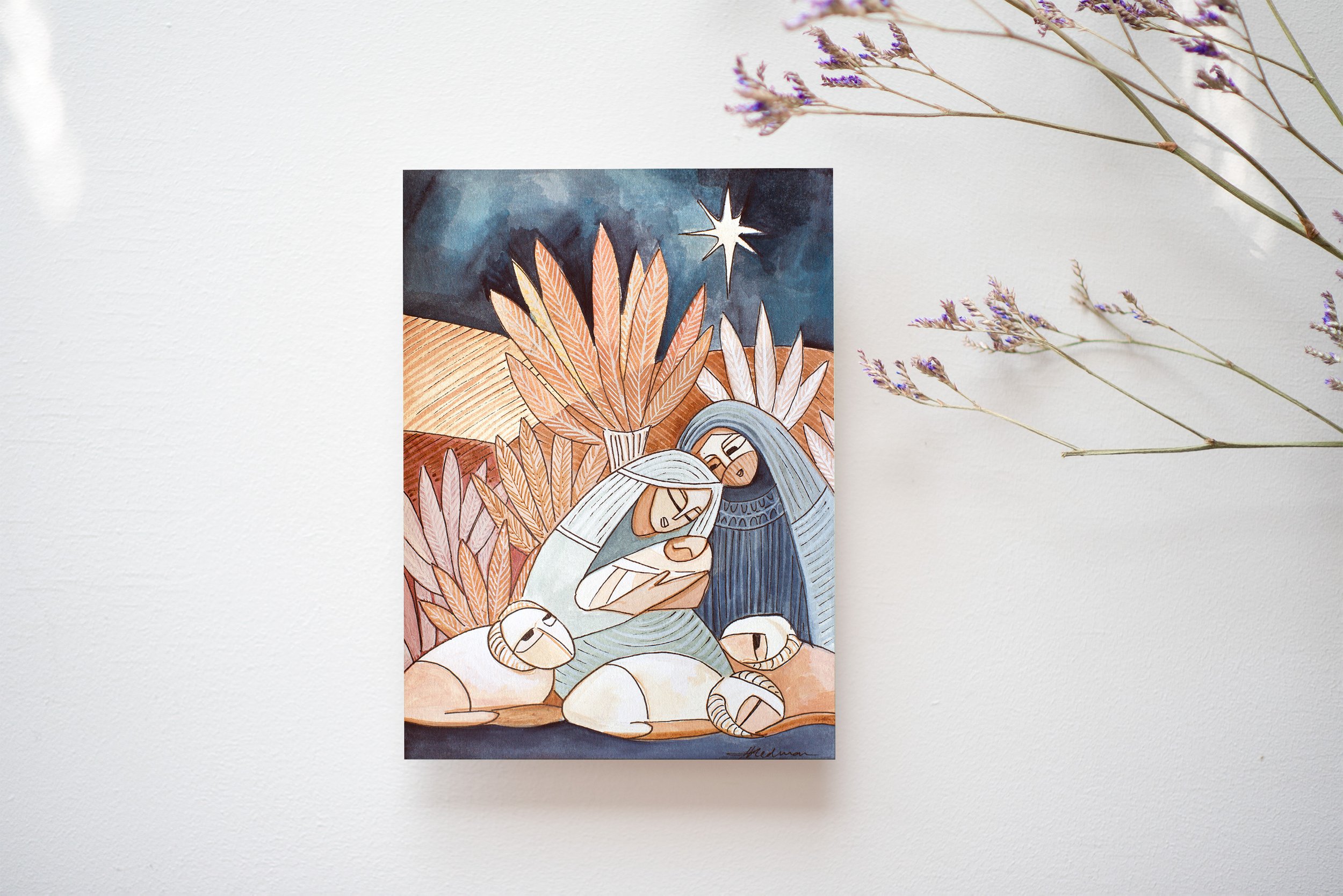 Watercolour nativity painting with Mary, Joseph, baby Jesus and animals by Christian Australian artist, Kaye Redman.