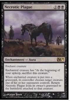 Necrotic Plague symbolizes an epidemic through a unique rule that equally affects the player ‘casting’ it and their opponent(s). In this case, the destructive aura alternately targets and kills the respective other’s (or others’) creatures. The way t