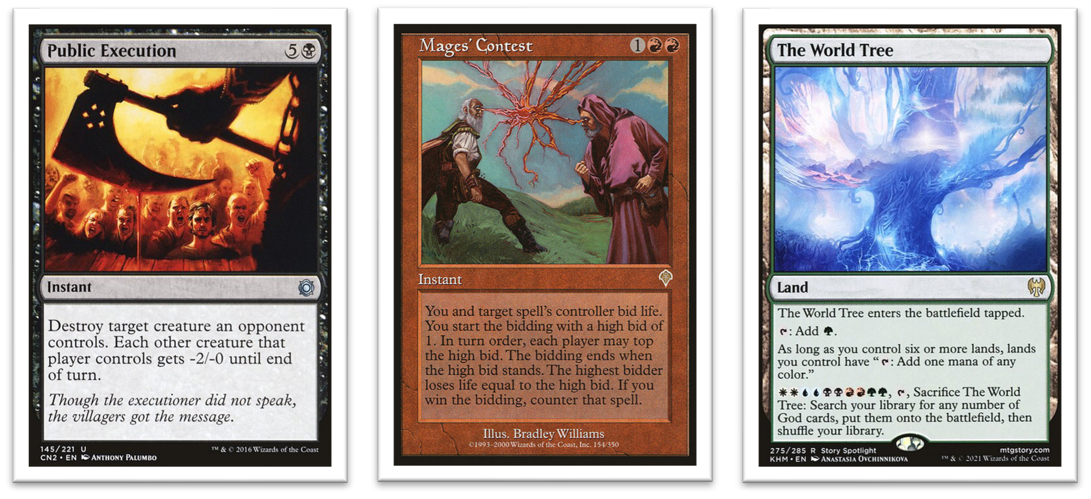 Public Execution is an example of a card in which the flavour text (in italics) explains the otherwise seemingly arbitrary rule on the card; in this case, it explains how the execution ‘paralyzes’ all bystanders with fear, thus temporarily reducing t