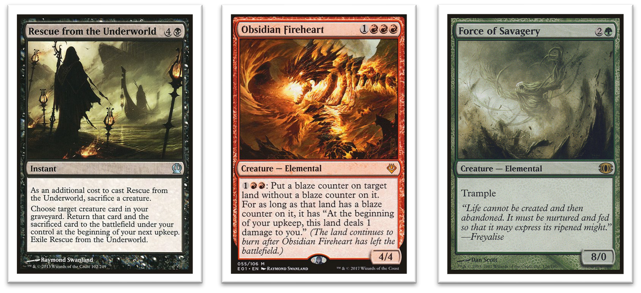 Rescue from the Underworld uses MTG’s ‘graveyard’ feature to evoke the myth of Orpheus and Eurydike, having a creature temporarily ‘die’ and returning it together with another creature from the graveyard a turn later.

Obsidian Fireheart symbolizes a