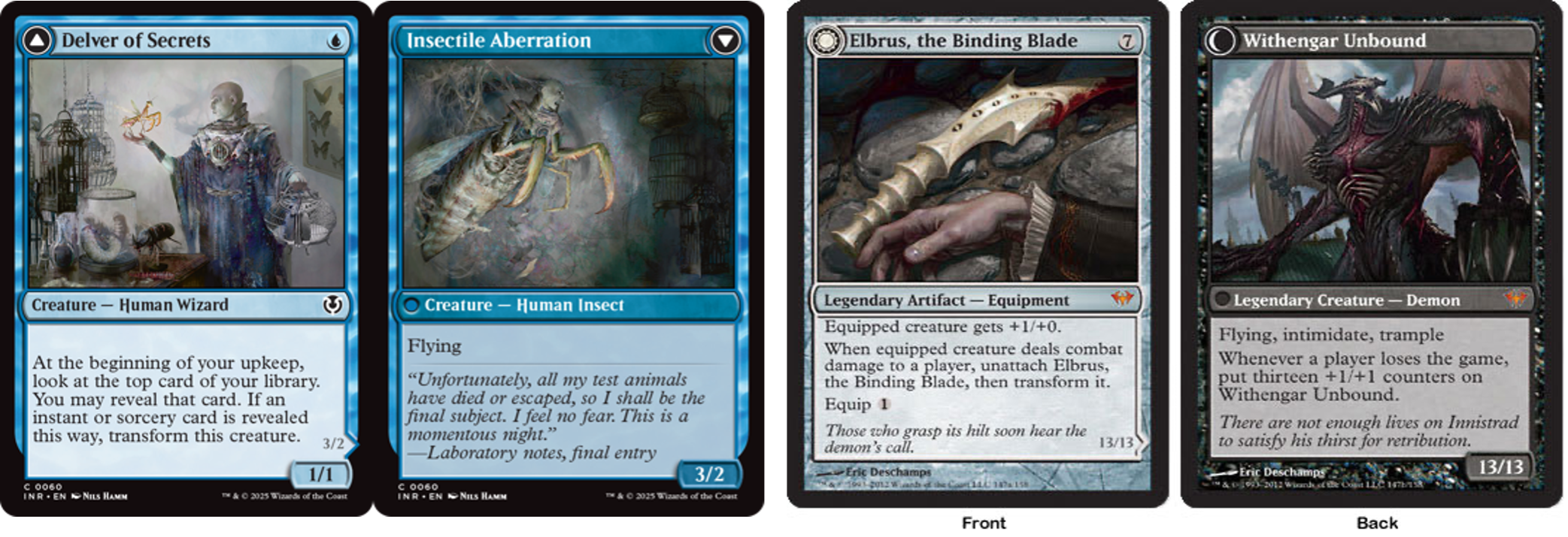 Delver of Secrets and Elbrus, the Binding Blade showcase how cards of basically any type (in this case a creature and an artifact) can have a built-in emergent narrative by virtue of being double-sided, i.e. flipping to an entirely different card (an