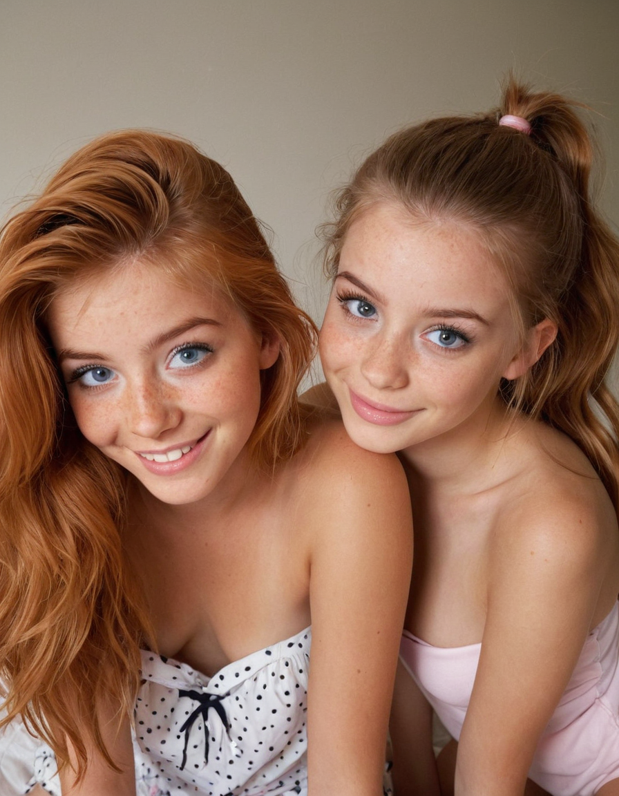 Two young women with bright red hair and blue eyes smiling at the camera, wearing tank tops.