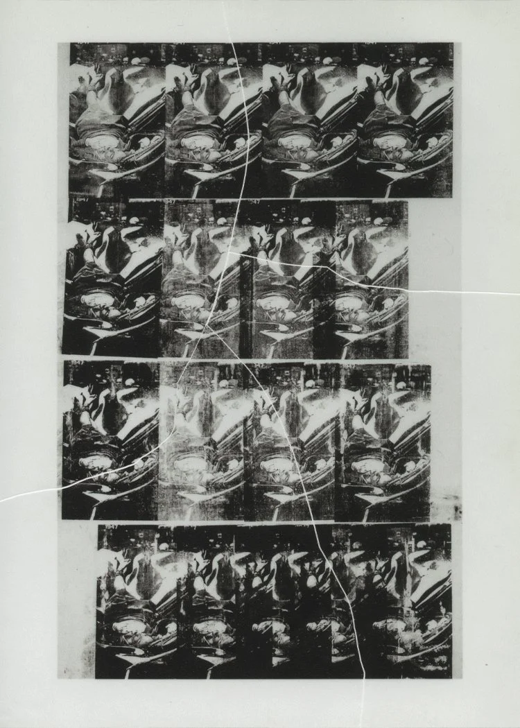 "Cracked 1947 White". 2025. Heat cracked inkjet print. 5" x 7".