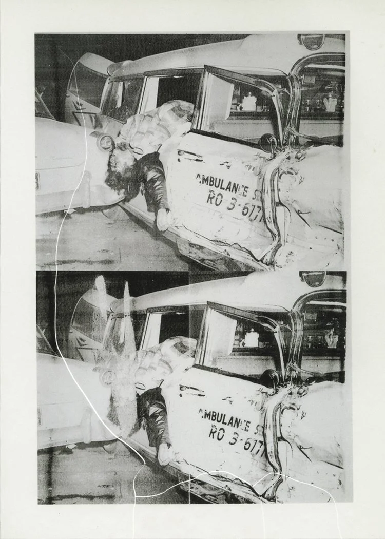 "Cracked Ambulance Disaster". 2025. Heat cracked inkjet print. 5" x 7".