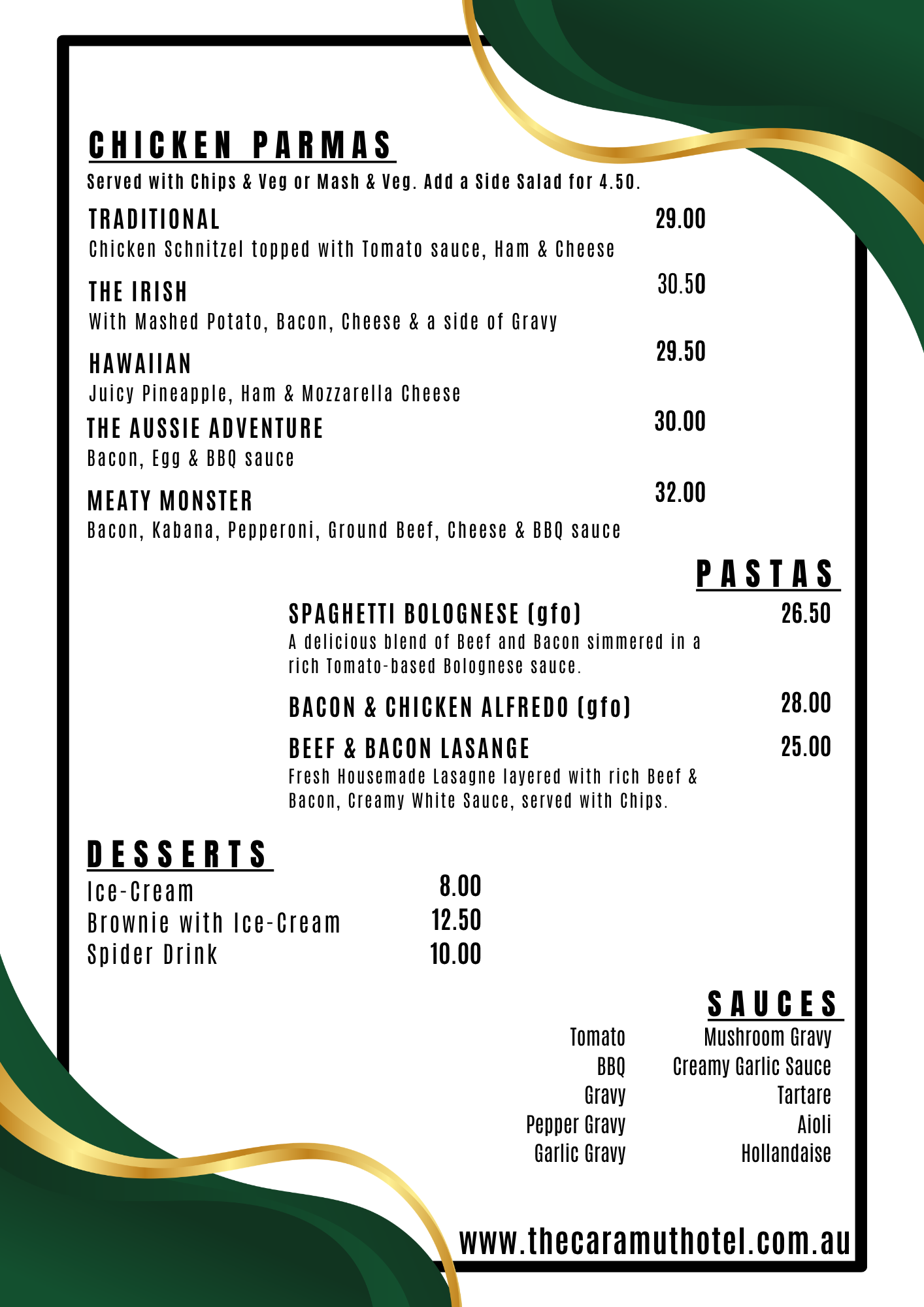 Menu from a restaurant called The Caramu Hotel, featuring sections for chicken parms, pastas, desserts, and sauces, with prices listed in Australian dollars.
