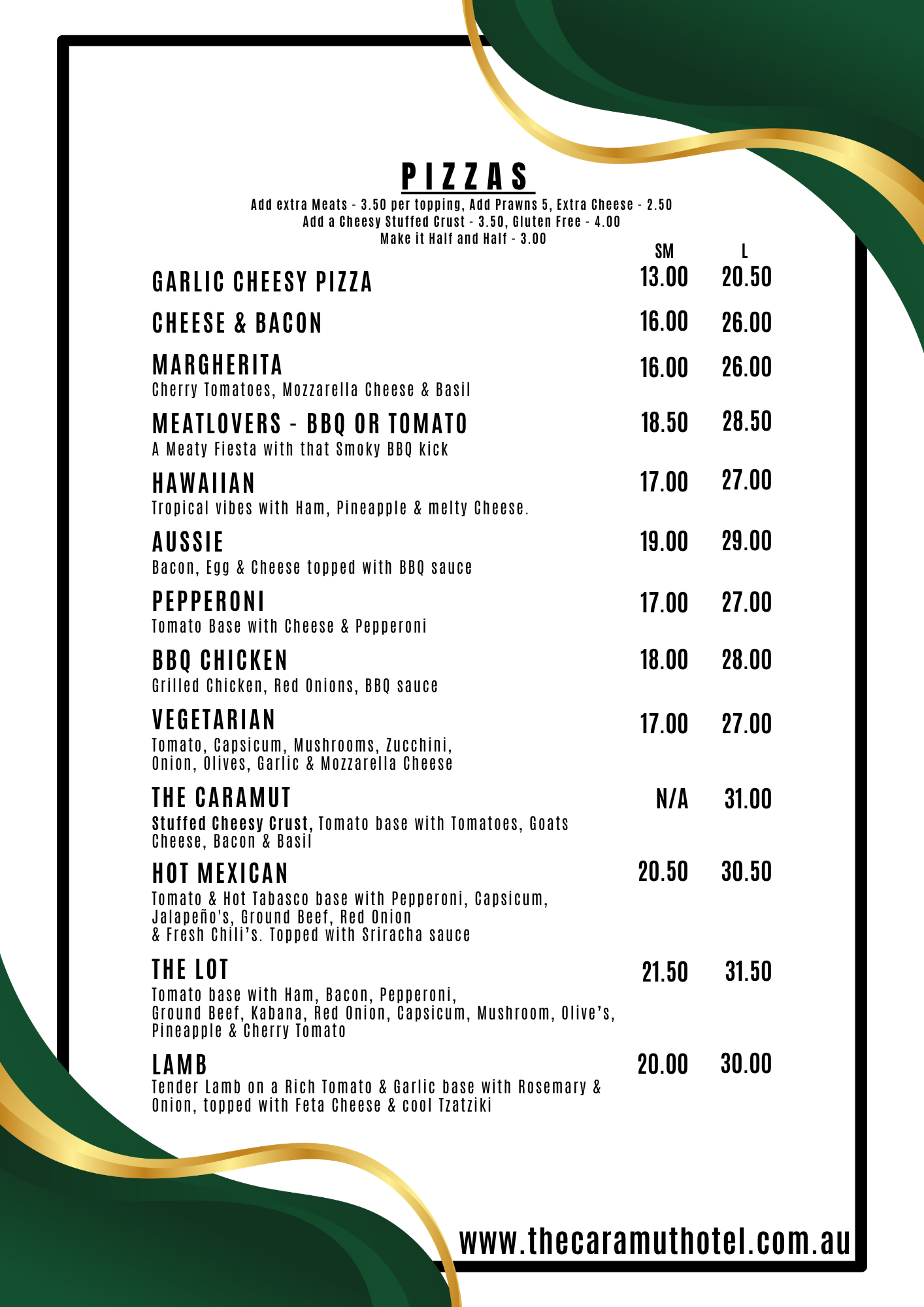 A menu from The Caramut Hotel featuring various pizzas with descriptions and prices, surrounded by green and gold design elements.