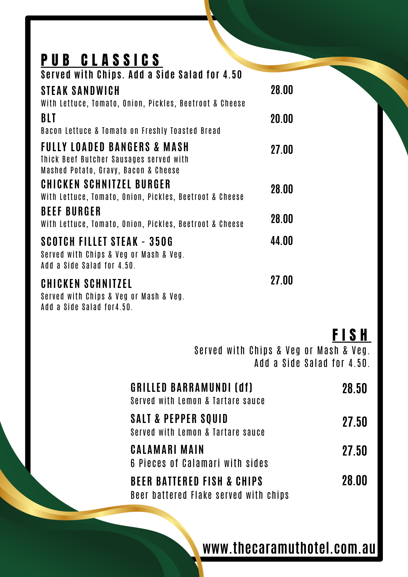A restaurant menu titled 'PUB CLASSICS' with various food and drink options, prices, and descriptions, including steak sandwiches, burgers, and seafood dishes, decorated with green and gold accents at the top and bottom.