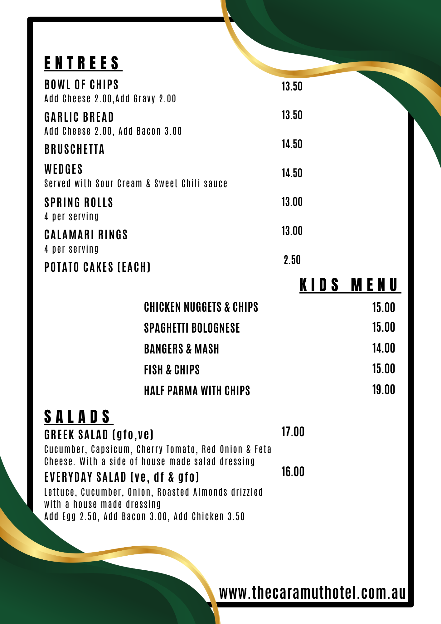 Menu of food items including entrees and salads, with prices listed next to each item, and decorative green and gold design elements.