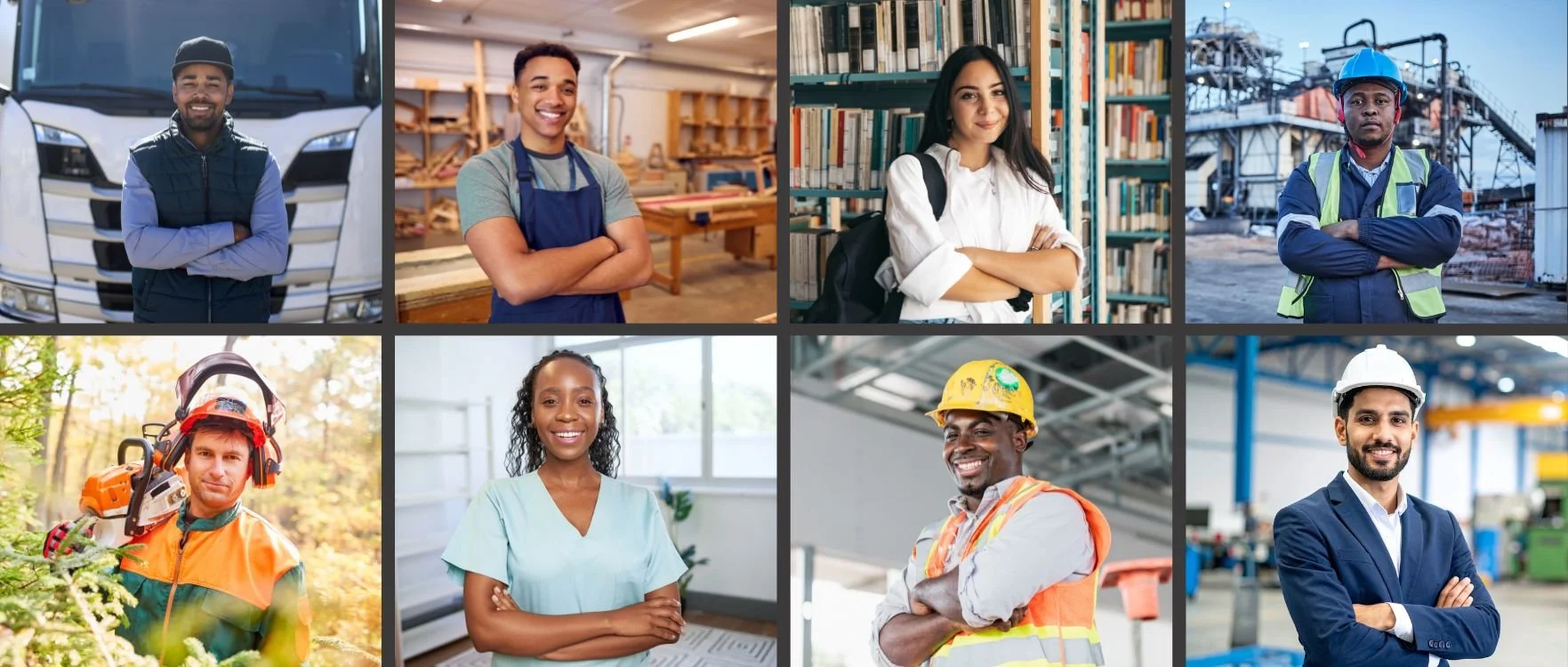 Collage of eight diverse professionals in various work environments including transportation, woodworking, library, industrial, forestry, healthcare, construction, and manufacturing.