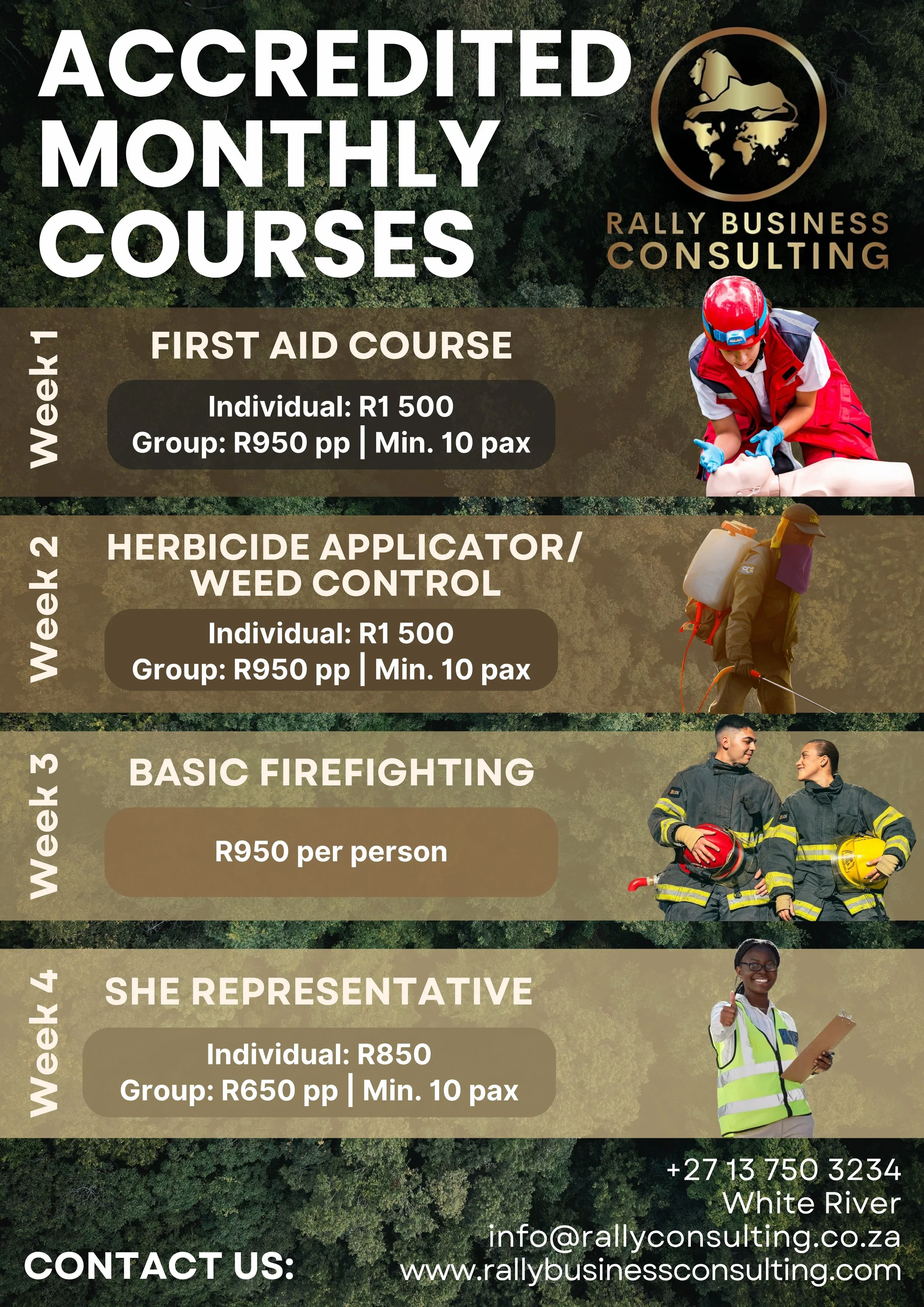 A promotional flyer for rally business training courses, featuring images of first responders, a person in safety clothing, and a woman with a clipboard, with contact information and prices.