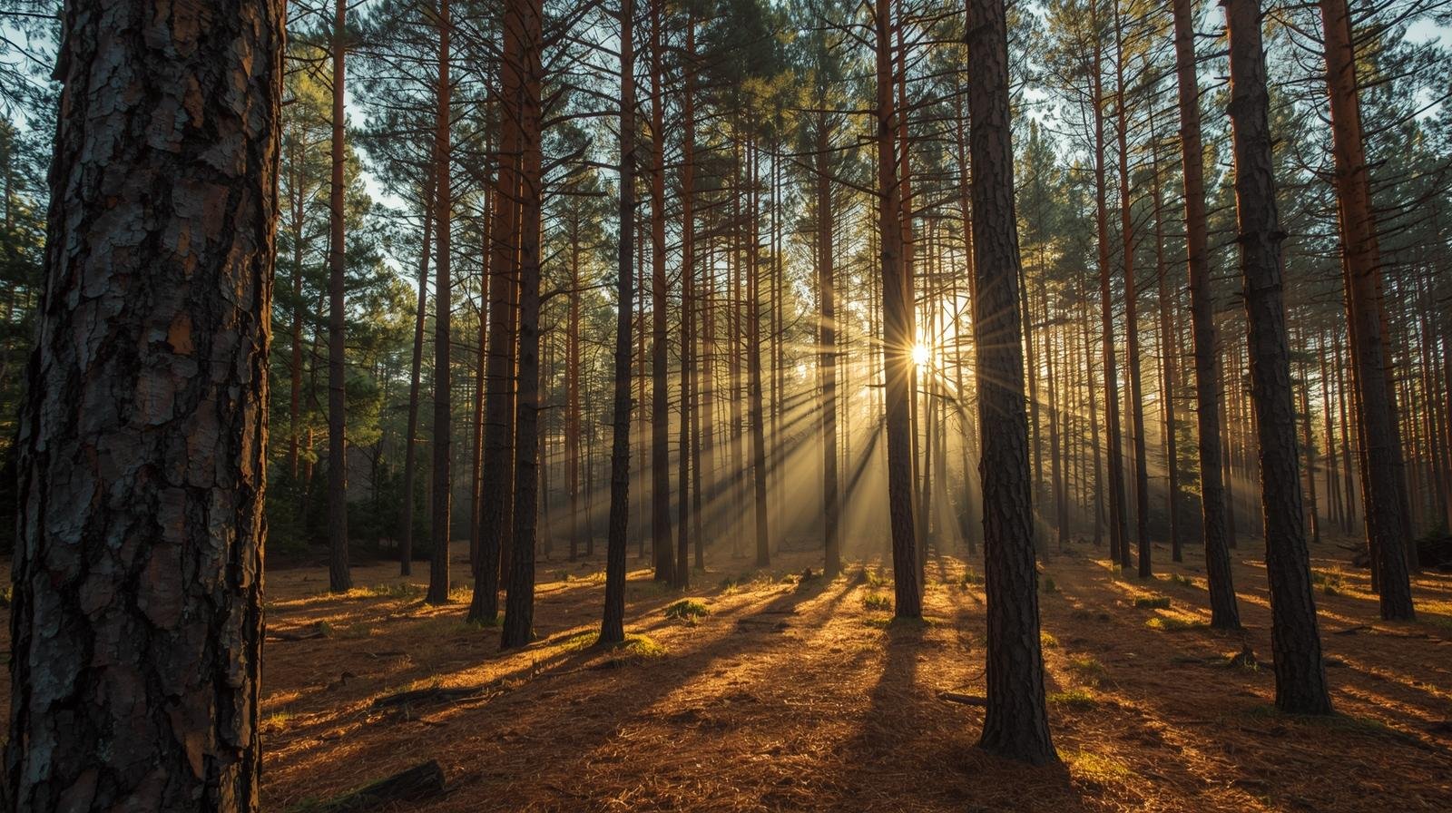 Sunlight streaming through tall pine trees in a forest during sunset.