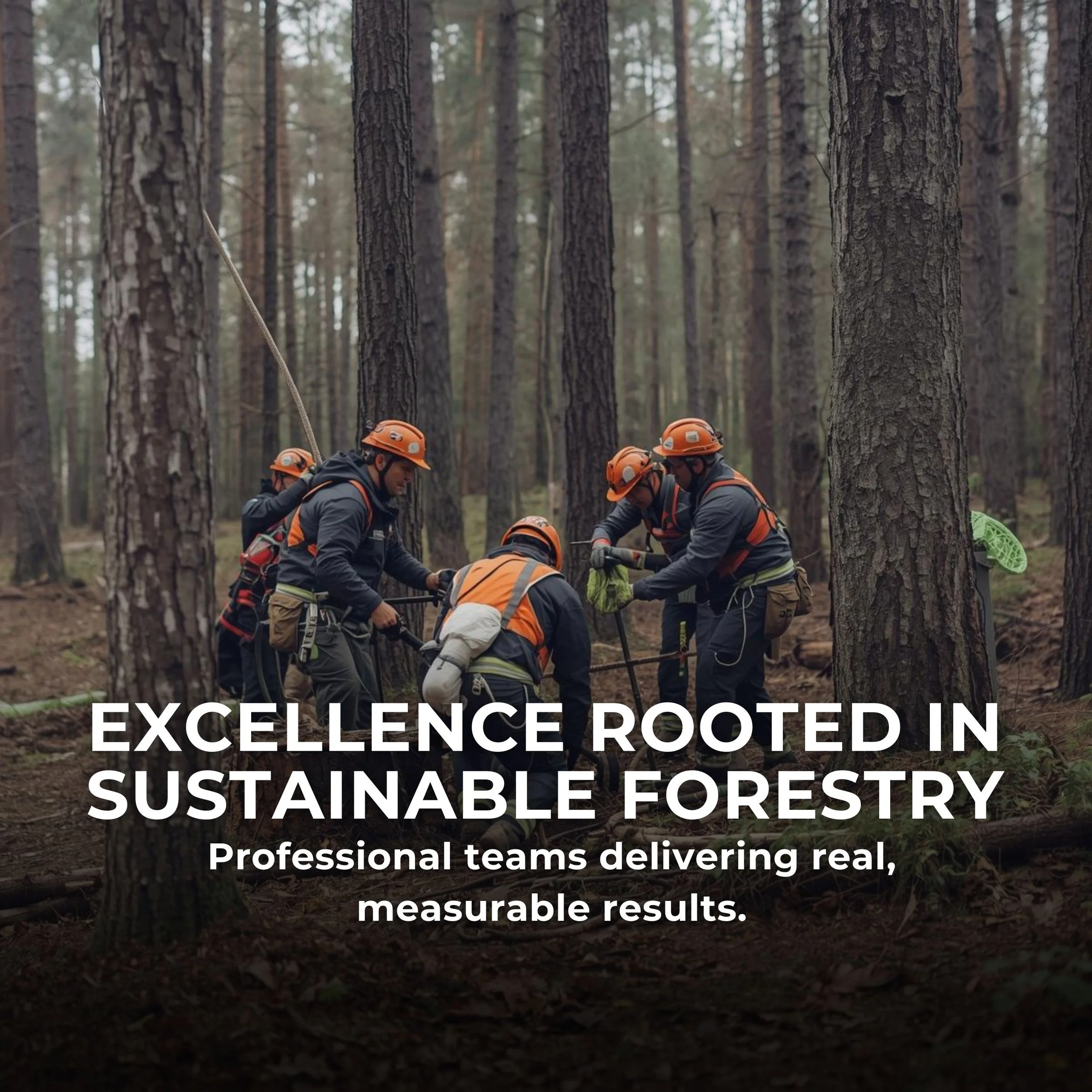 A group of forestry workers in orange helmets and safety gear working together in a forested area with tall trees, engaged in tree cutting or forest management activities.