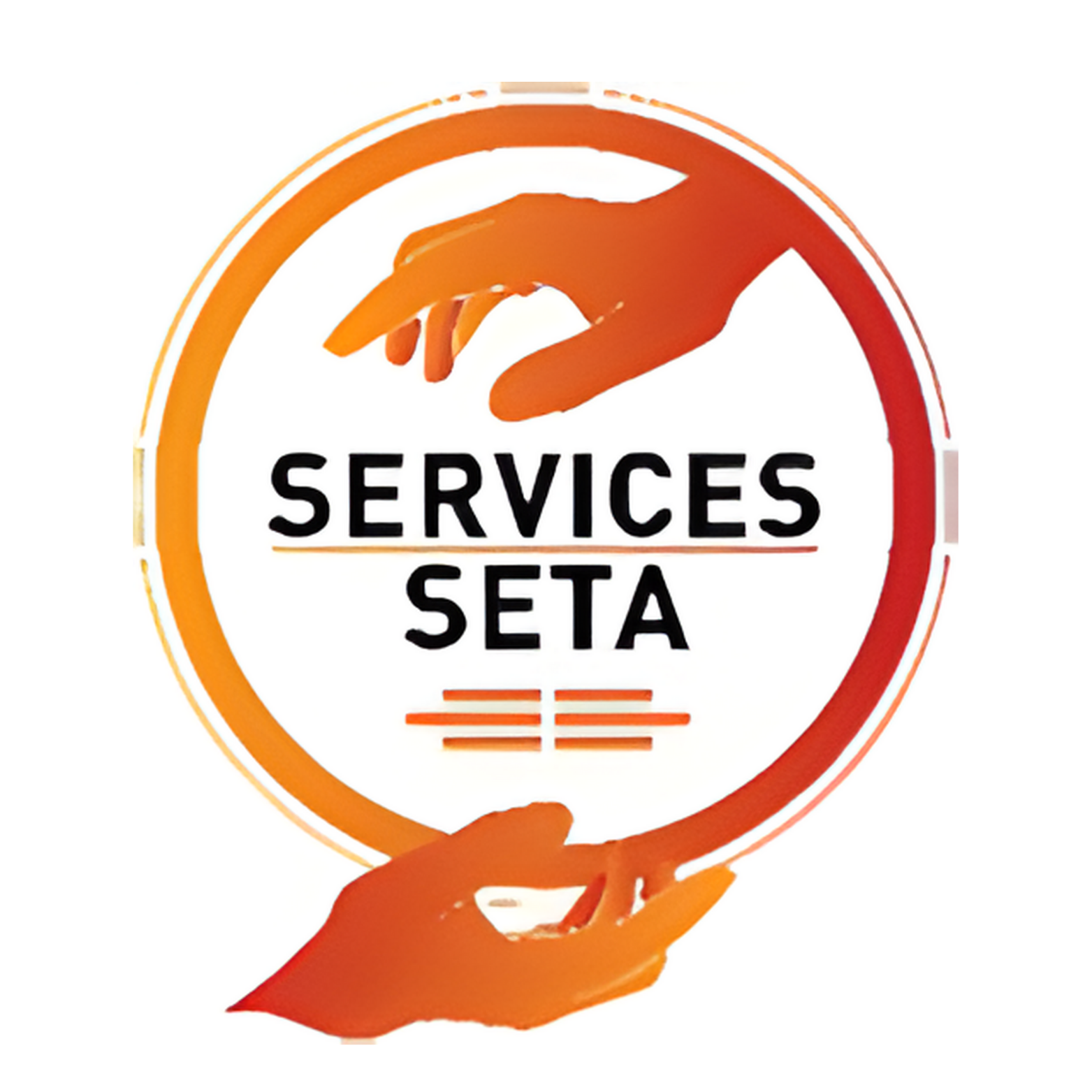 Logo with two orange hands reaching toward a circle with the words 'Services Seta' inside and three orange lines below.