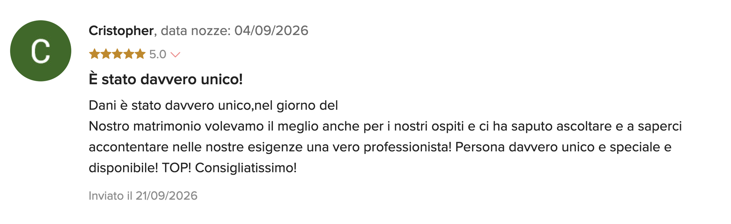 Recensione con punteggio di 5 stelle, nome Cristopher, data 04/09/2026, recensione positiva riguardante un servizio o prodotto, con testo che esprime soddisfazione e raccomandazione.