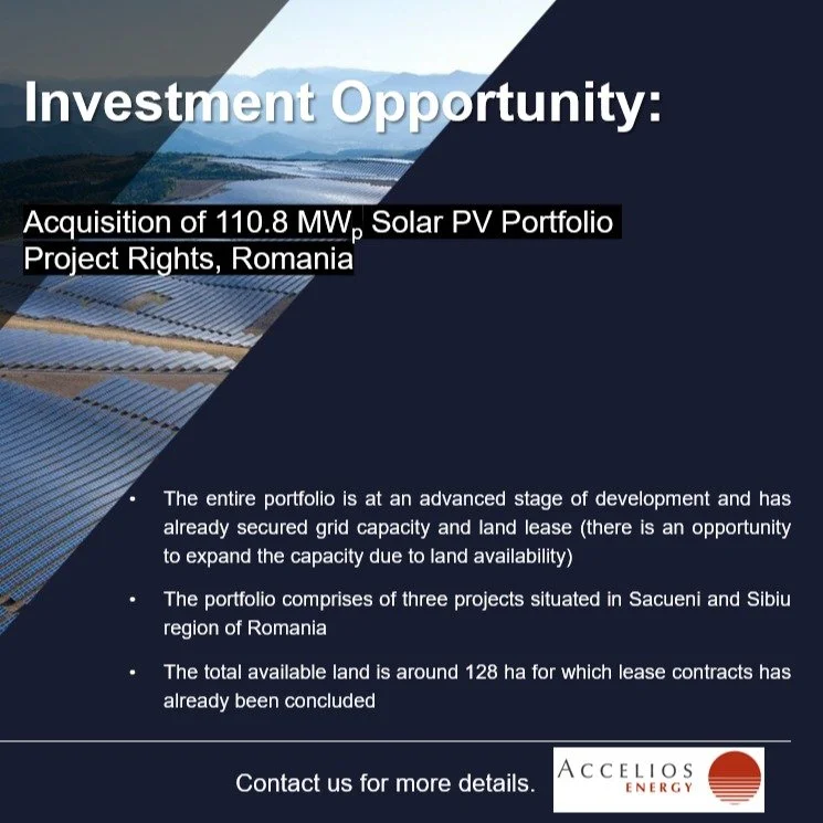 Exciting news for potential investors! 
On behalf of our client, we are pleased to present to you an investment opportunity in the emerging solar PV sector in Romania.
The Developer intends to sell the Project Rights at RTB to an Investor and enter n