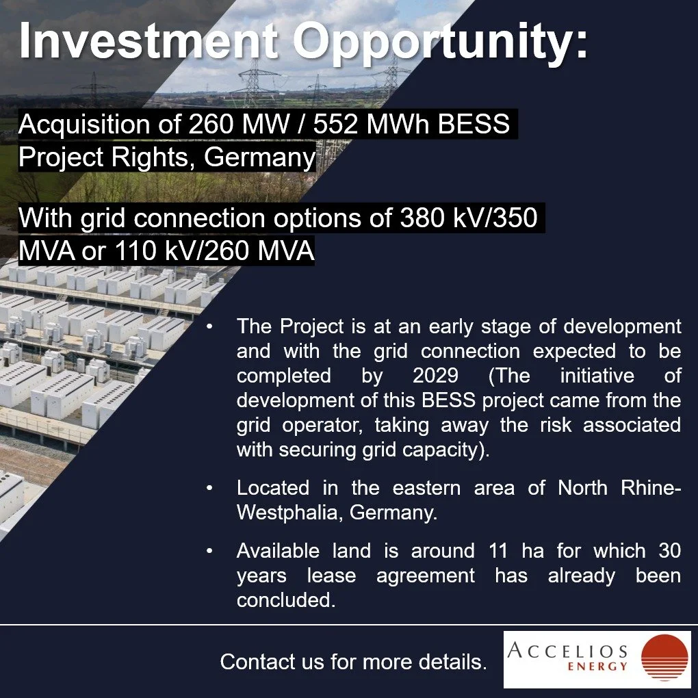 Exciting news for potential investors! 
On behalf of our client, we are pleased to present to you an investment opportunity in the attractive battery energy storage sector in Germany,
The Developer intends to sell the Project Rights at RTB to an Inve
