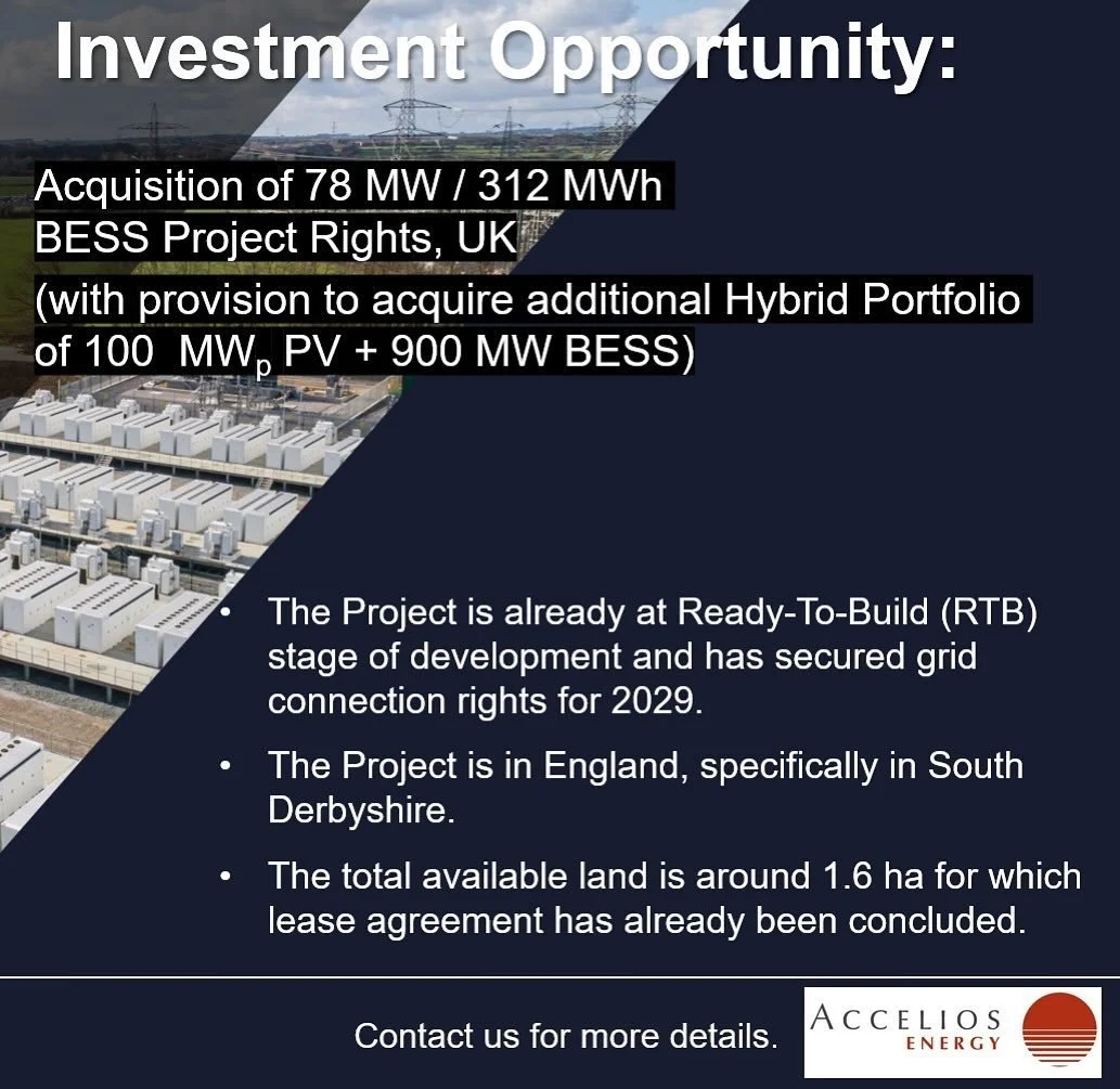 Exciting news for potential investors! 
On behalf of our client, we are pleased to present to you an investment opportunity in the battery energy storage sector in the United Kingdom (UK).
The Developer intends to sell the Project Rights at RTB to an
