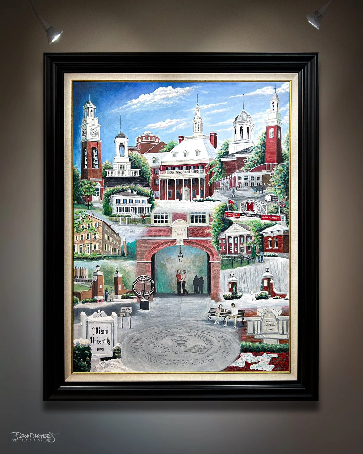 “Love and Honor” by David Myers
A lasting legacy in David ’s collection, this 36” x 48” painting captures the spirit of Miami University. From its iconic red-brick architecture and campus towers to landmarks like Upham Hall & Arch, Yager Stadium, Gog