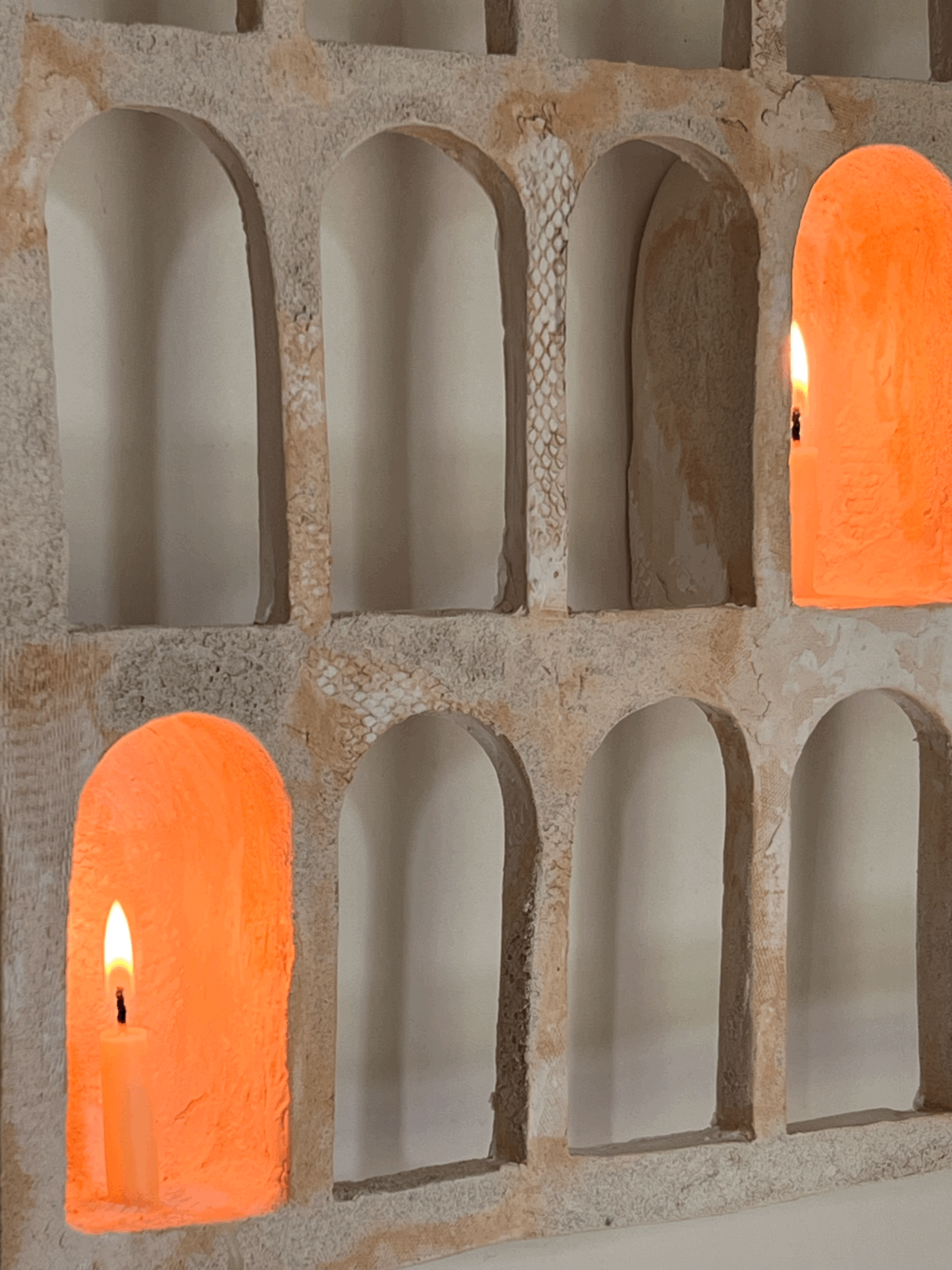 Aged ceramic shrine, exploring light and shadow, by British Asian artist, Seetha Hallett