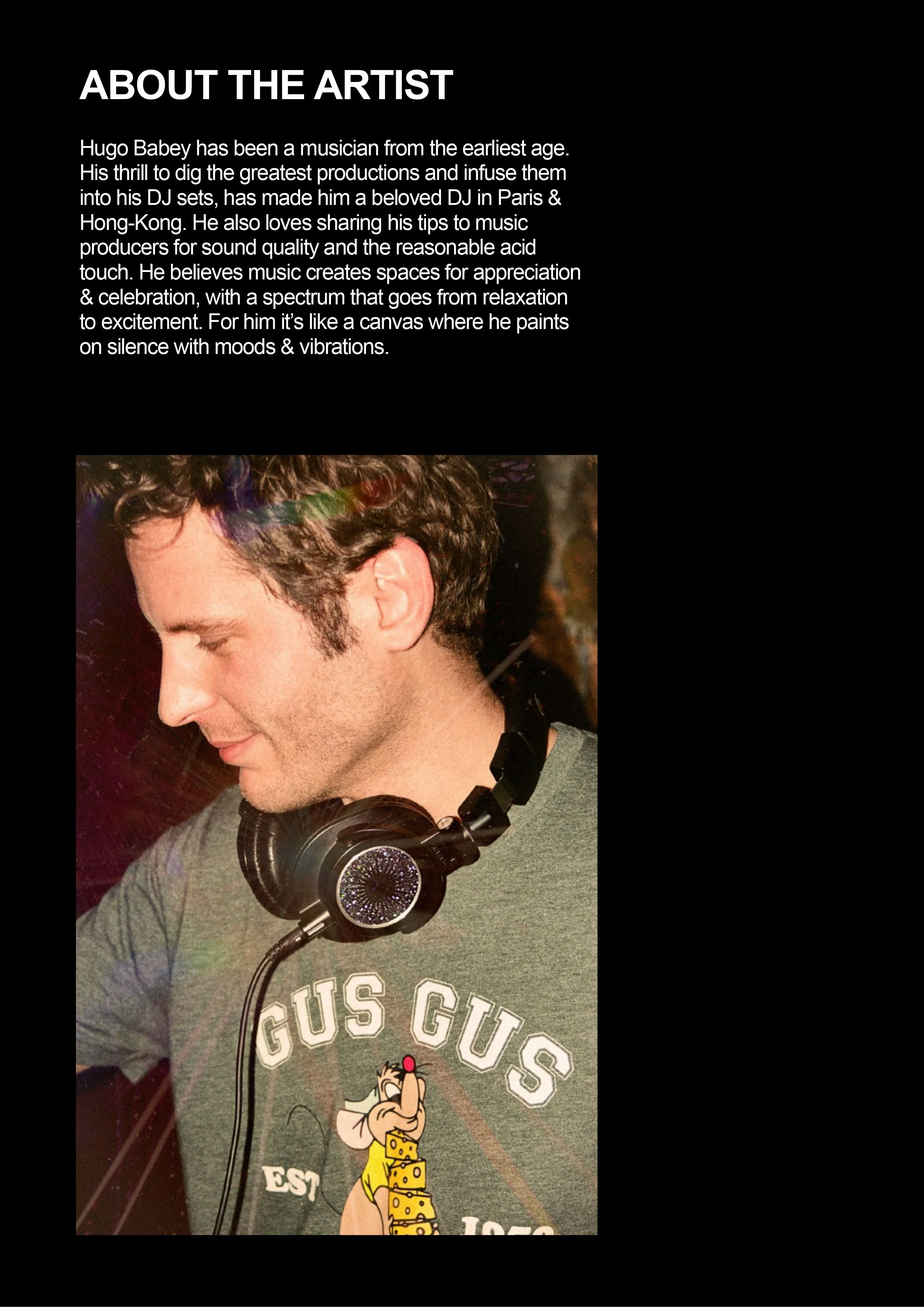 Page d'informations sur l'artiste Hugo Babey avec une photo de lui portant un casque audio autour du cou, portant un t-shirt gris avec un personnage animé de Gaston Lagaffe.
