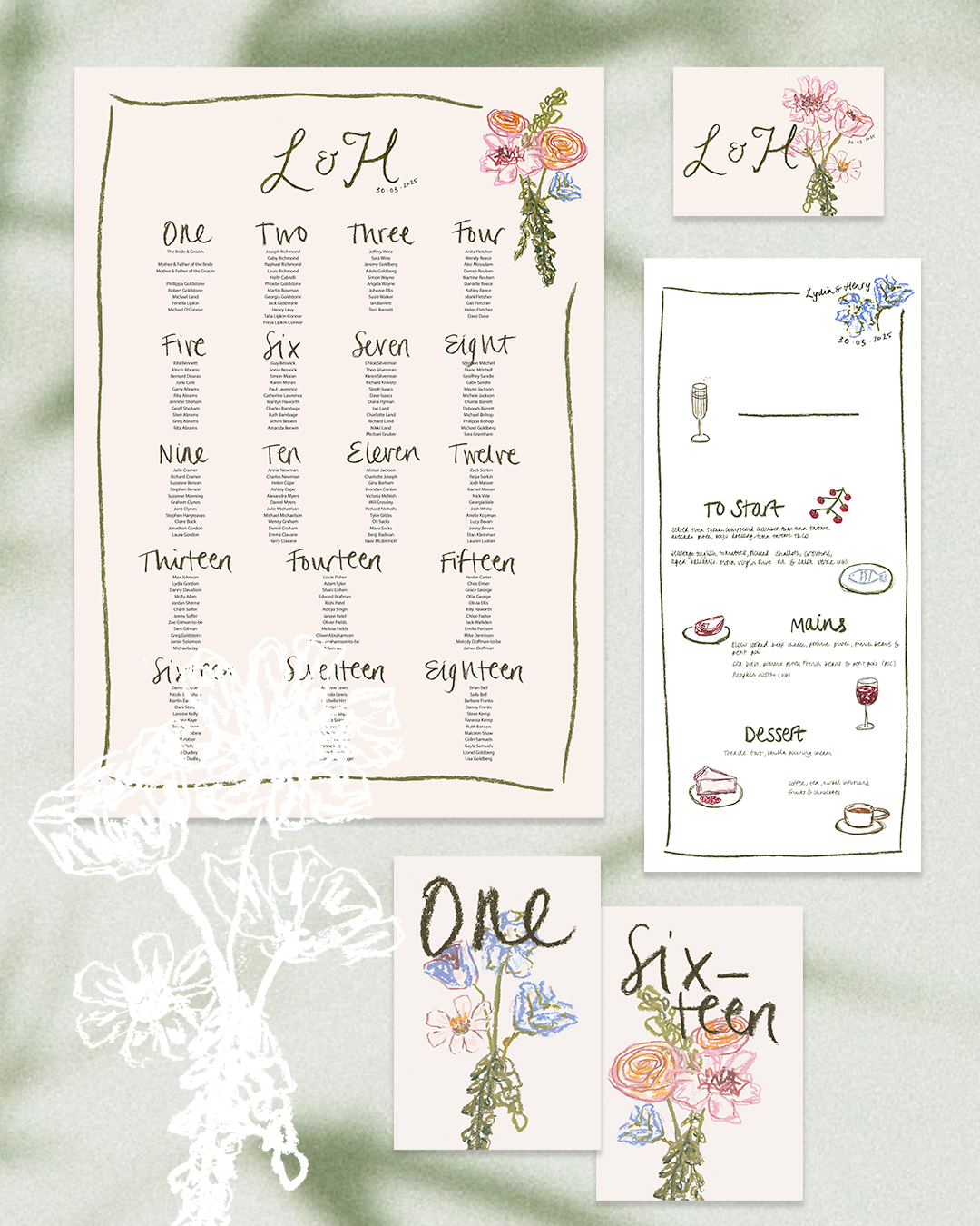 A wedding seating chart with a floral design and a wedding menu with illustrations of a glass, berries, steak, wine, cake, and coffee.