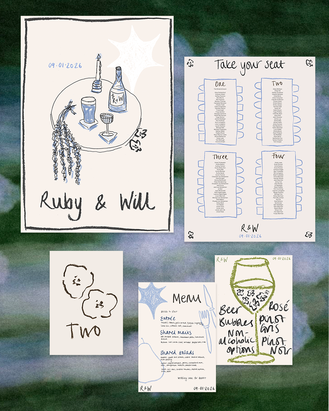 A collection of wedding stationery and illustrations including a drawing of a table with candles, a bottle, a glass, and lavender with the names Ruby & Will, a seating chart titled 'Take your seat' with four groups labeled one through four, a simple illustration of two flowers labeled 'Two', a menu with sections for entrees, shared mains, and salads, and a drinks menu listing beer, bubbles, non-alcoholic options, rosé, pinot gris, and pinot noir. The date 09.01.2026 is visible on all items.