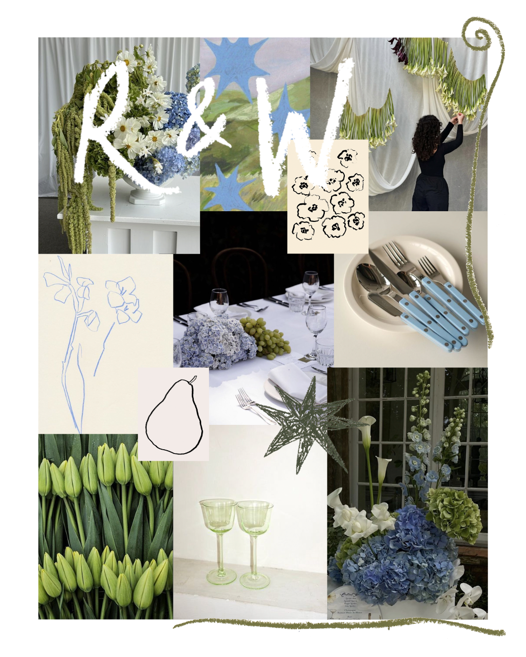 Collage of floral arrangements, table setting with flowers and grapes, cutlery, and decorative elements in blue, white, and green hues.