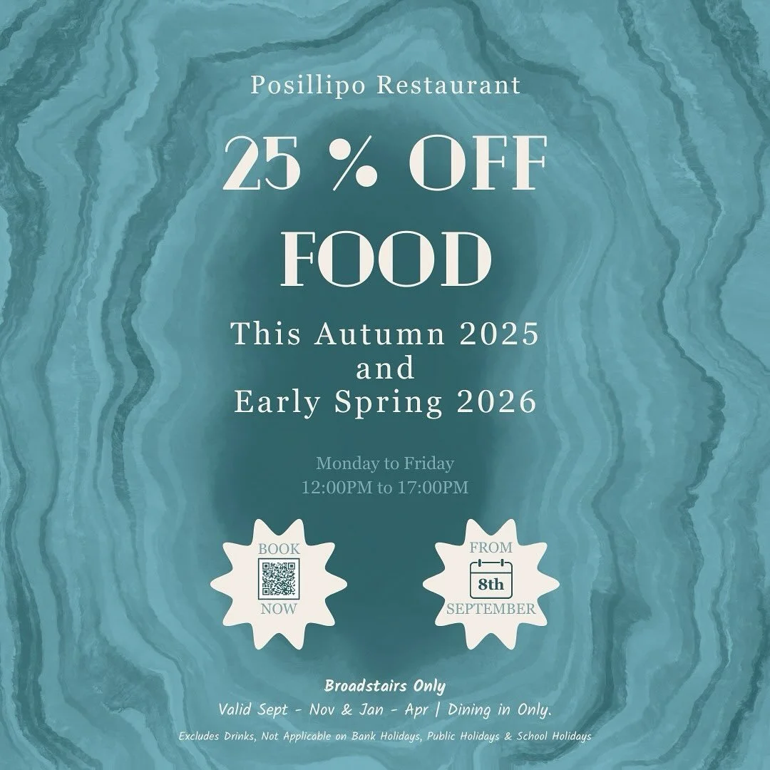 ✨ 25% OFF FOOD ✨

UPDATE: WE&rsquo;VE BROUGHT THE DATE CLOSER AND EXTENDED THE TIME 🎉

Dine with us at Posillipo Broadstairs and enjoy 25% off your food bill including both our Main Menu and Specials Menu! 🍝✨

🗓 Offer Runs:
➡️ 8th September until 