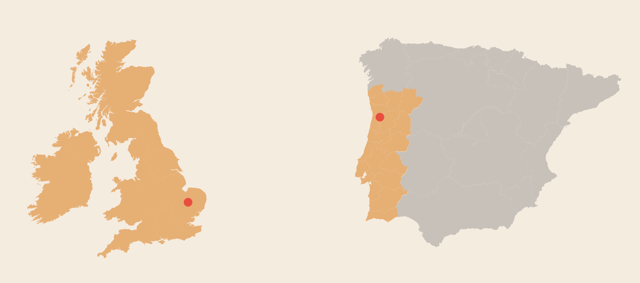 A map of the British Isles, and a map of the Iberian Peninsula with Portugal highlighted Both regions have a red dot marking specific case study locations.