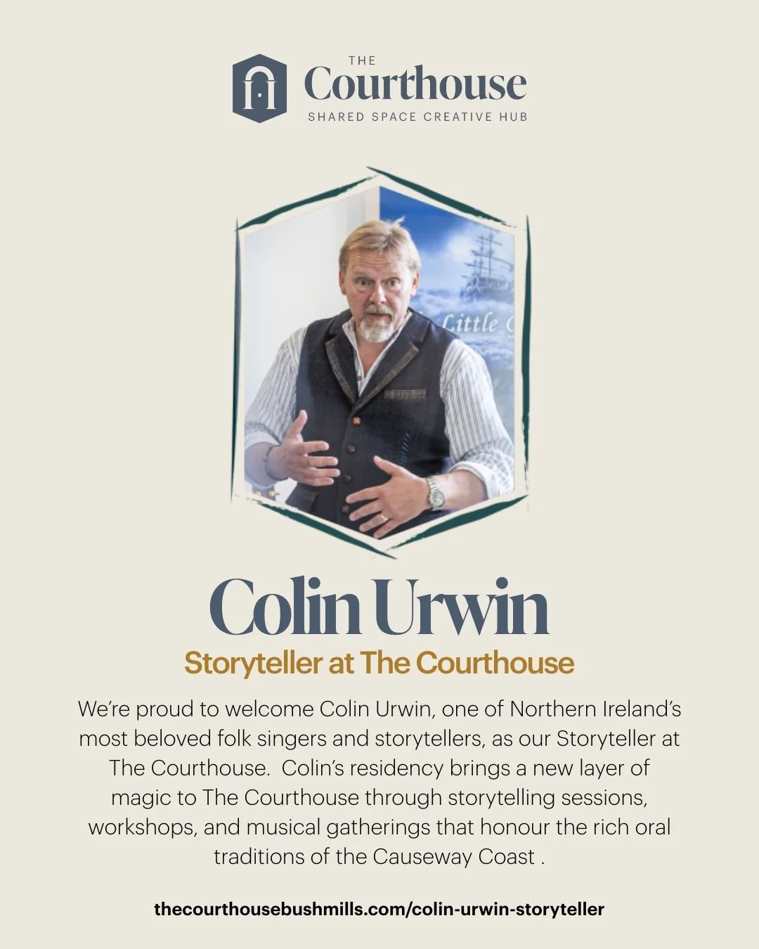 🎉 Big News from The Courthouse Bushmills! 🎉
We&rsquo;re thrilled to announce that Colin Urwin, one of Northern Ireland&rsquo;s most cherished storytellers and folk singers, has joined us as our Storyteller!

Expect captivating storytelling sessions